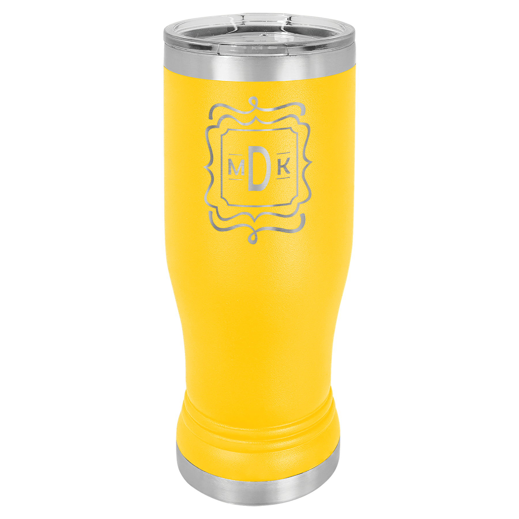 Yellow 14 oz. Polar Camel Pilsner with clear lid, engraved monogram, and stainless steel base.