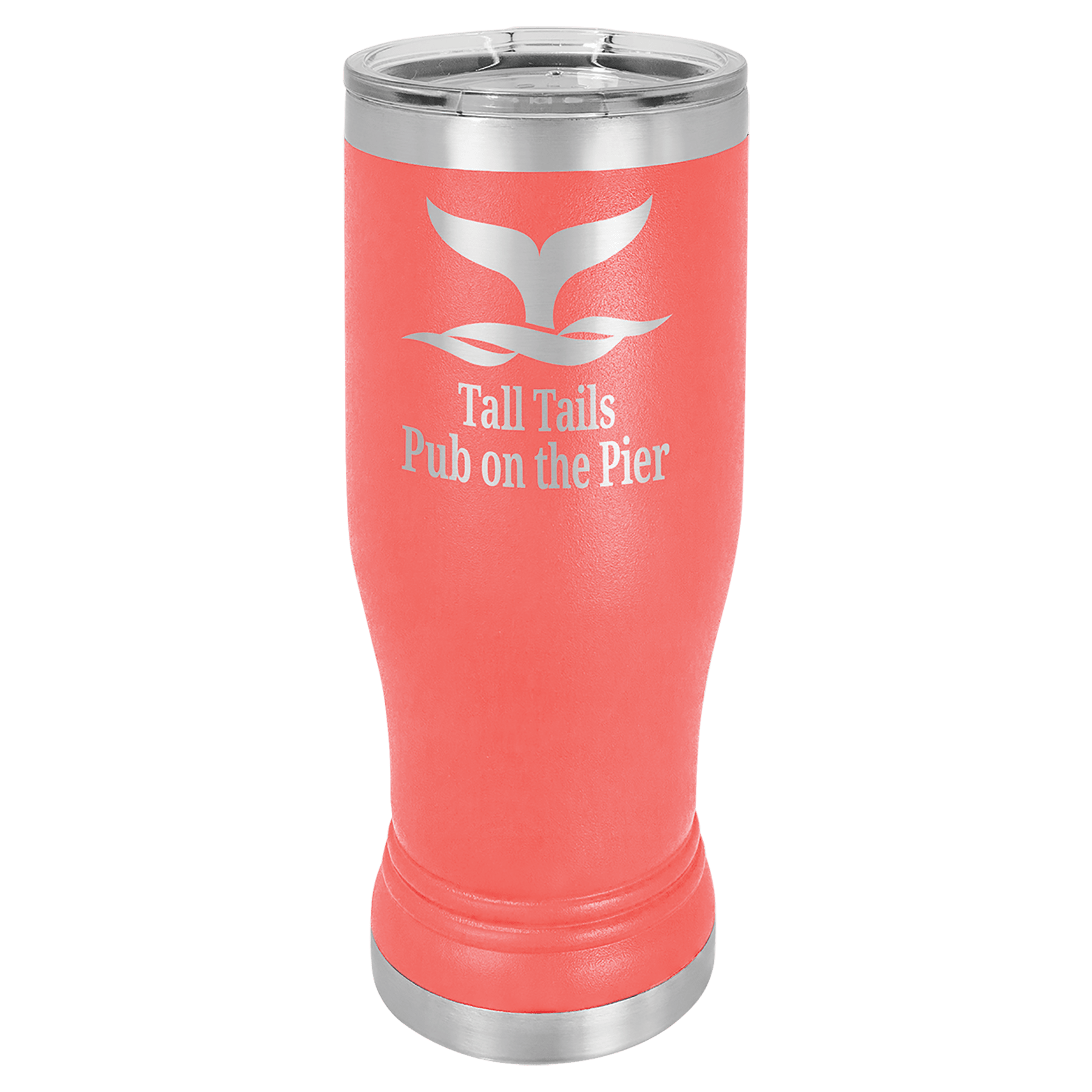 Coral 14 oz. Polar Camel Pilsner with clear lid and "Tall Tails Pub on the Pier" whale tail logo.