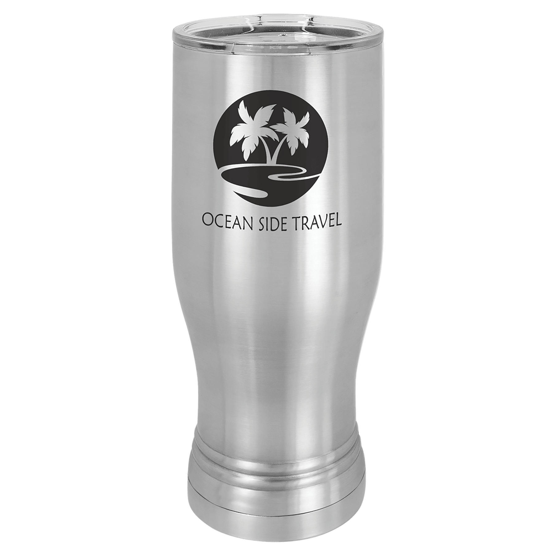 Silver 20 oz stainless steel pilsner with clear lid and "Ocean Side Travel" palm tree logo.