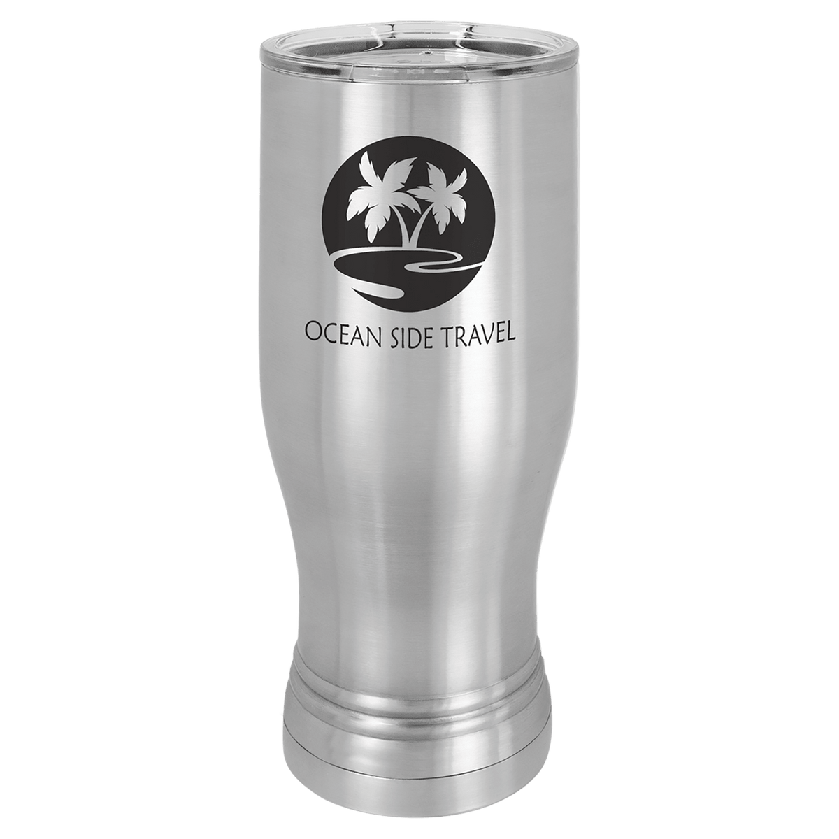 Silver 20 oz stainless steel pilsner with clear lid and "Ocean Side Travel" palm tree logo.