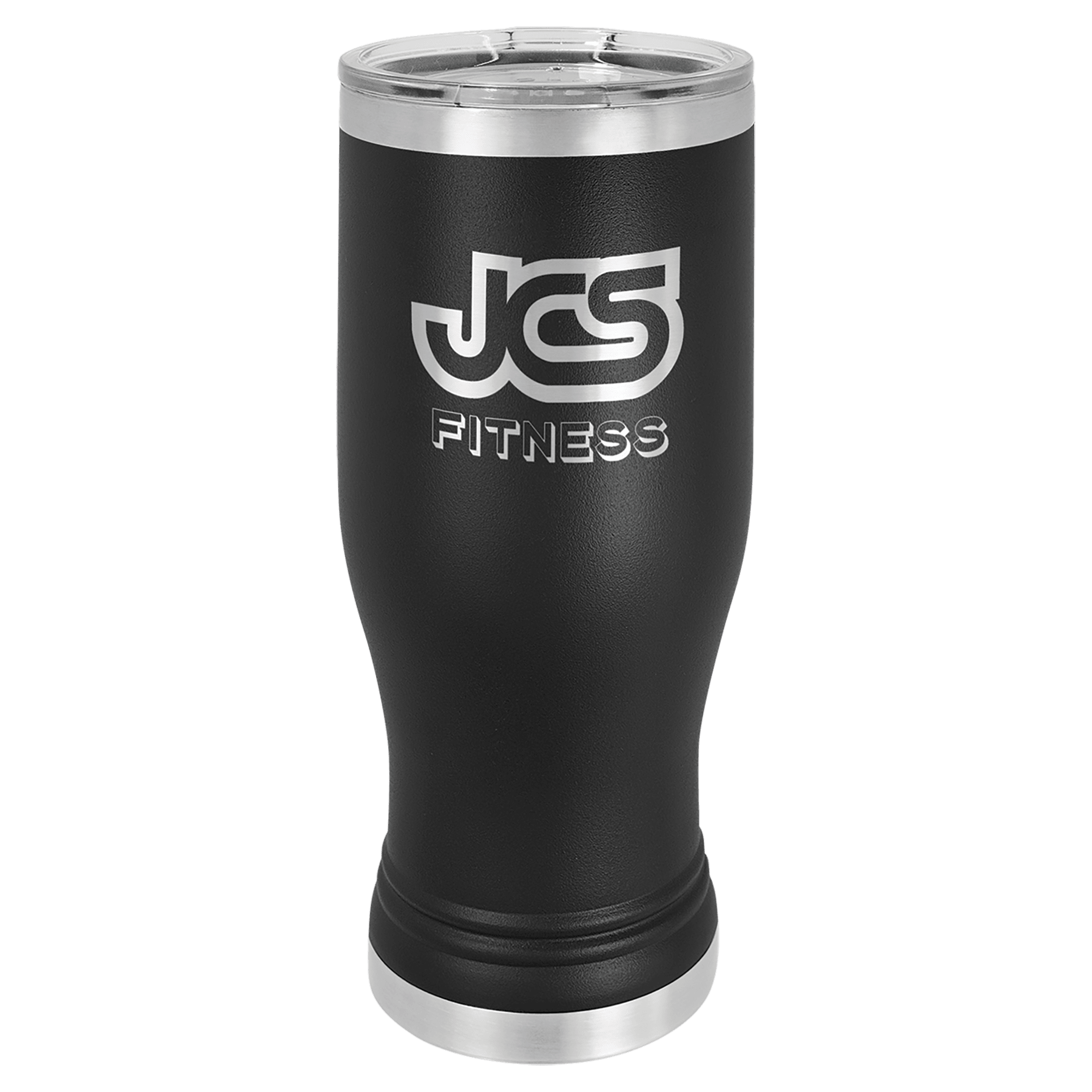 Black 20 oz stainless steel pilsner with clear lid and "JCS FITNESS" logo.