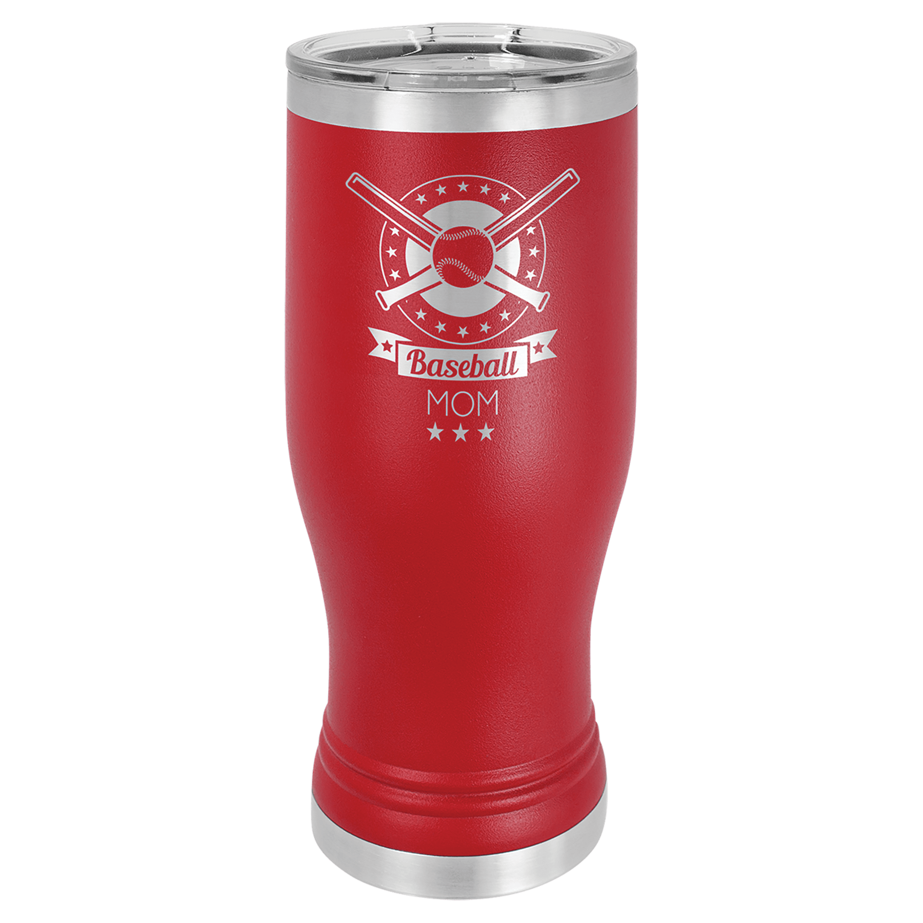 Red 20 oz stainless steel pilsner with "Baseball Mom" design and clear lid.