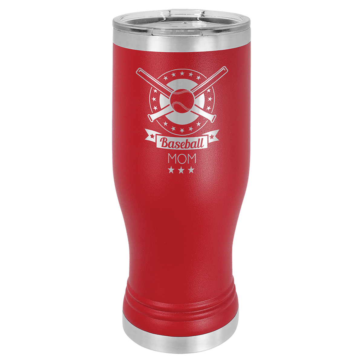 Red 20 oz stainless steel pilsner with "Baseball Mom" design and clear lid.