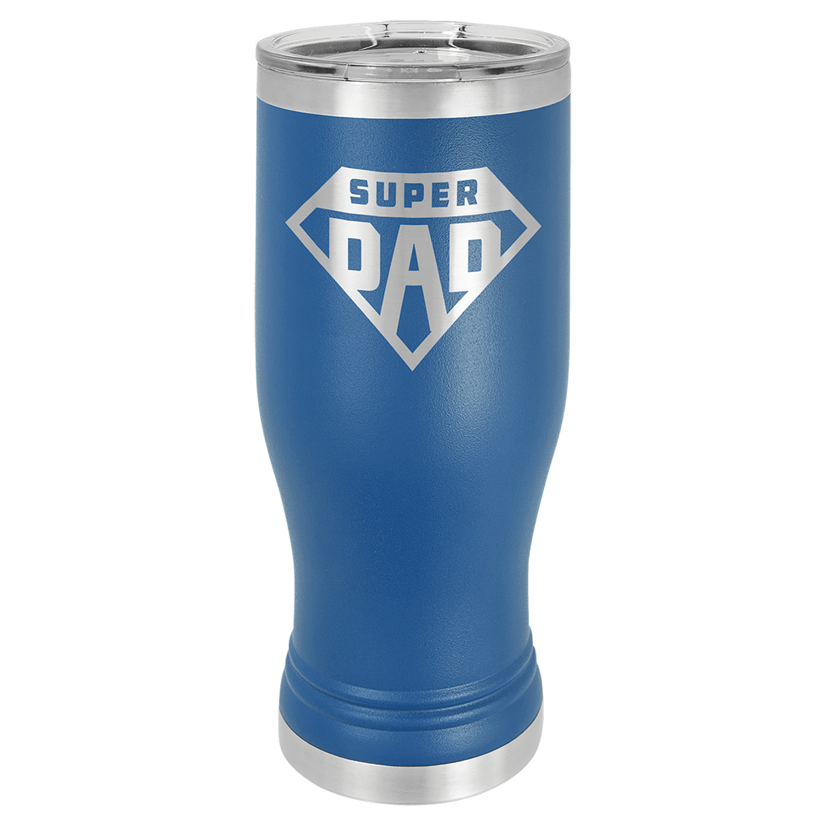 Blue 20 oz stainless steel pilsner tumbler with "SUPER DAD" logo and clear lid.