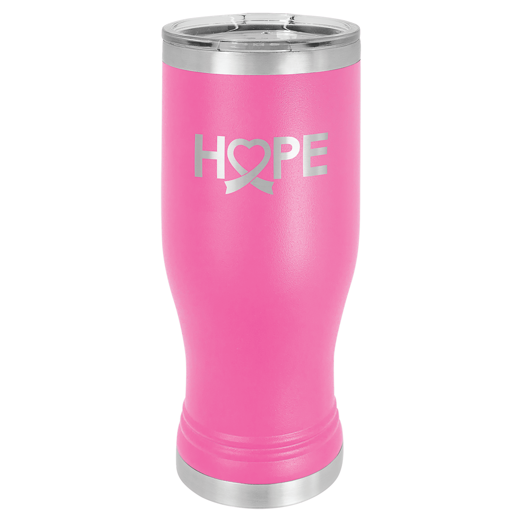 Pink 20 oz stainless steel pilsner tumbler with clear lid and "HOPE" with a ribbon design.