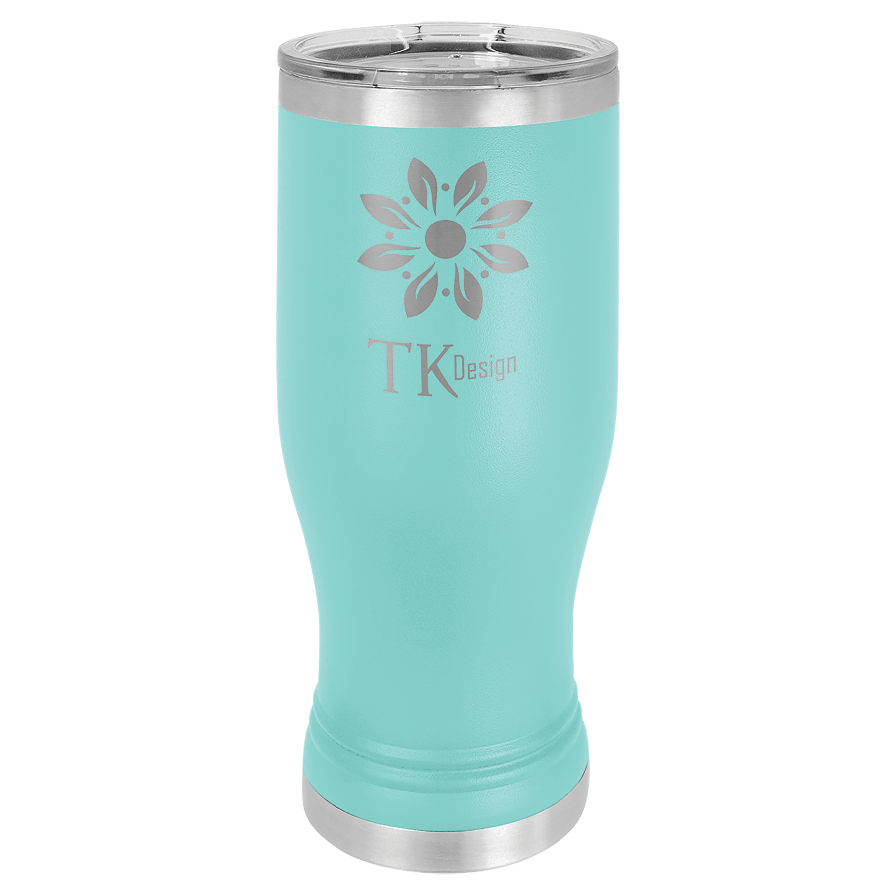 Aqua 20 oz stainless steel pilsner tumbler with clear lid and floral TK Design logo.