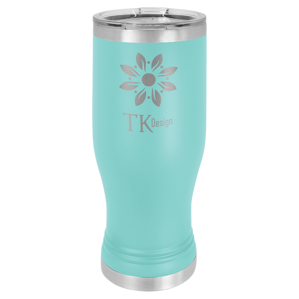 Aqua 20 oz stainless steel pilsner tumbler with clear lid and floral TK Design logo.