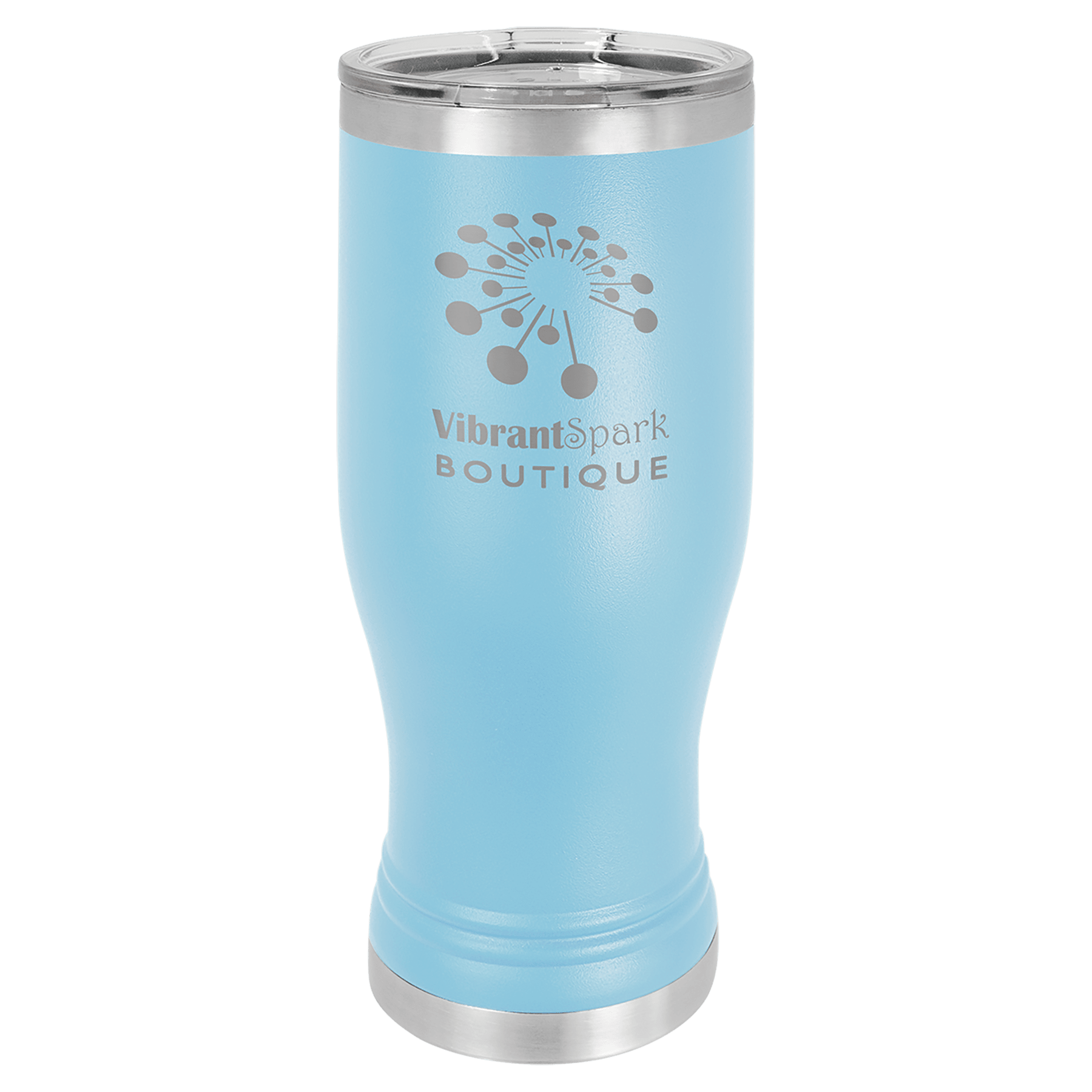 Light blue 20 oz stainless steel pilsner tumbler with clear lid and "VibrantSpark Boutique" logo.