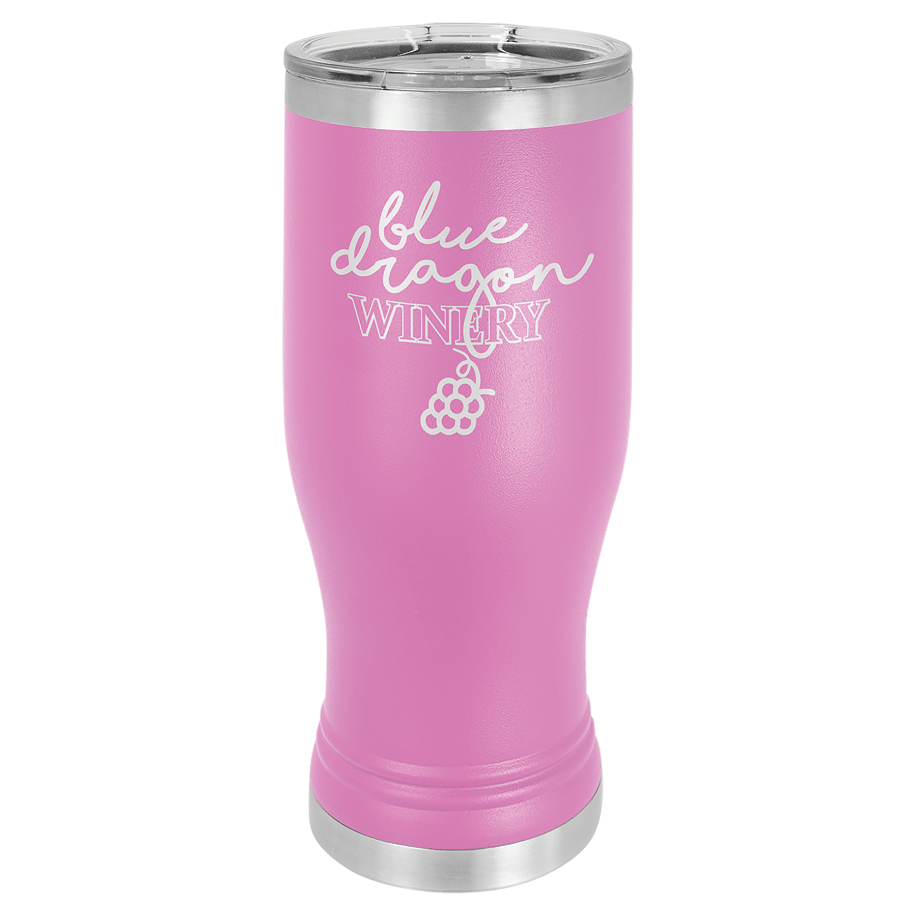 Pink 20 oz stainless steel pilsner tumbler with clear lid and "Blue Dragon Winery" logo.