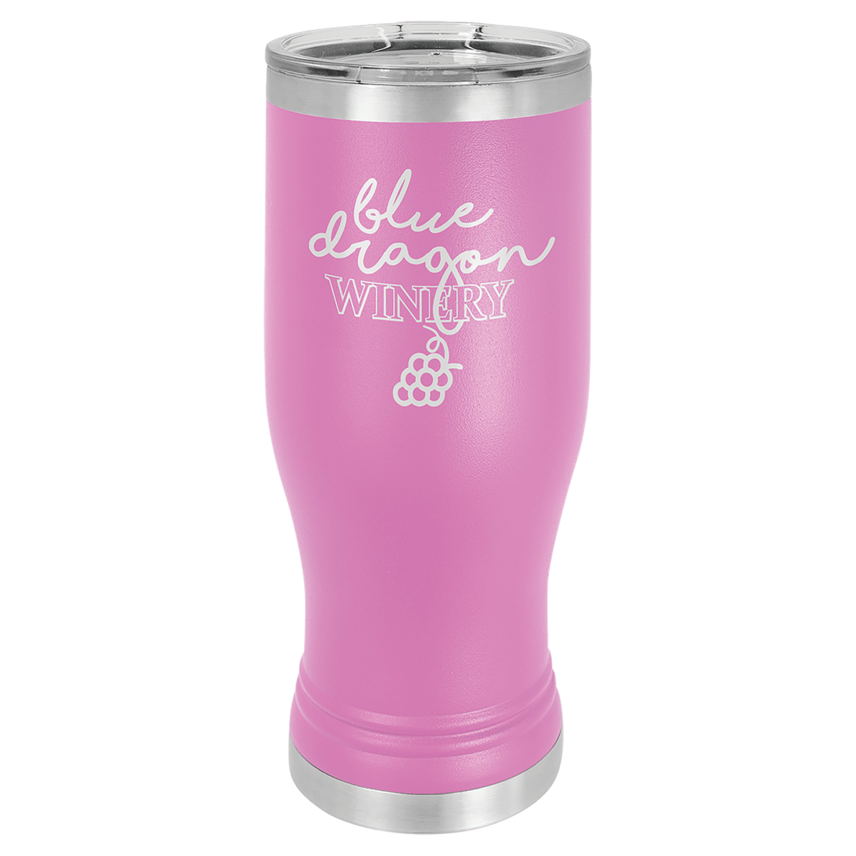Pink 20 oz stainless steel pilsner tumbler with clear lid and "Blue Dragon Winery" logo.
