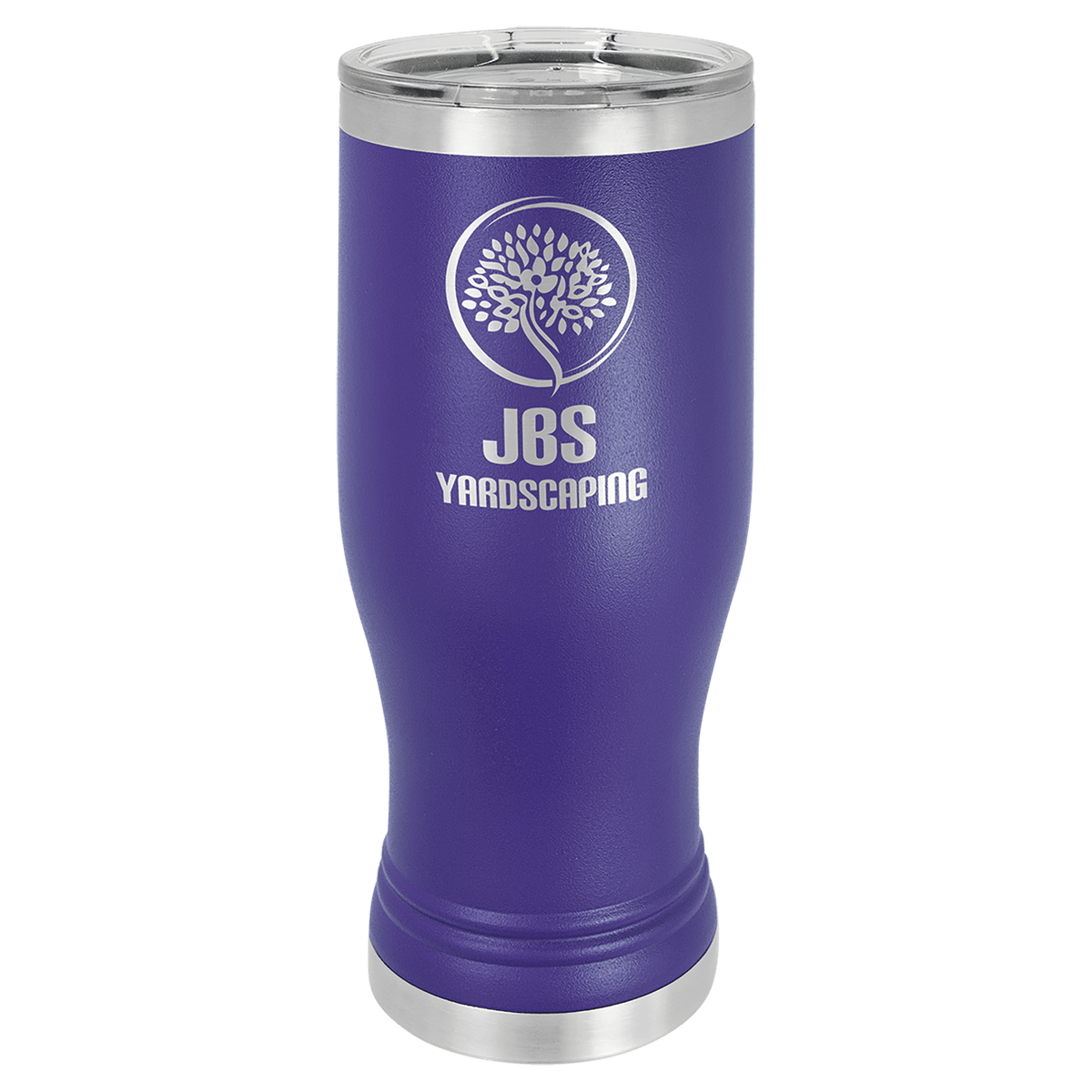 Purple 20 oz stainless steel pilsner with clear lid and JBS Yardscaping logo.