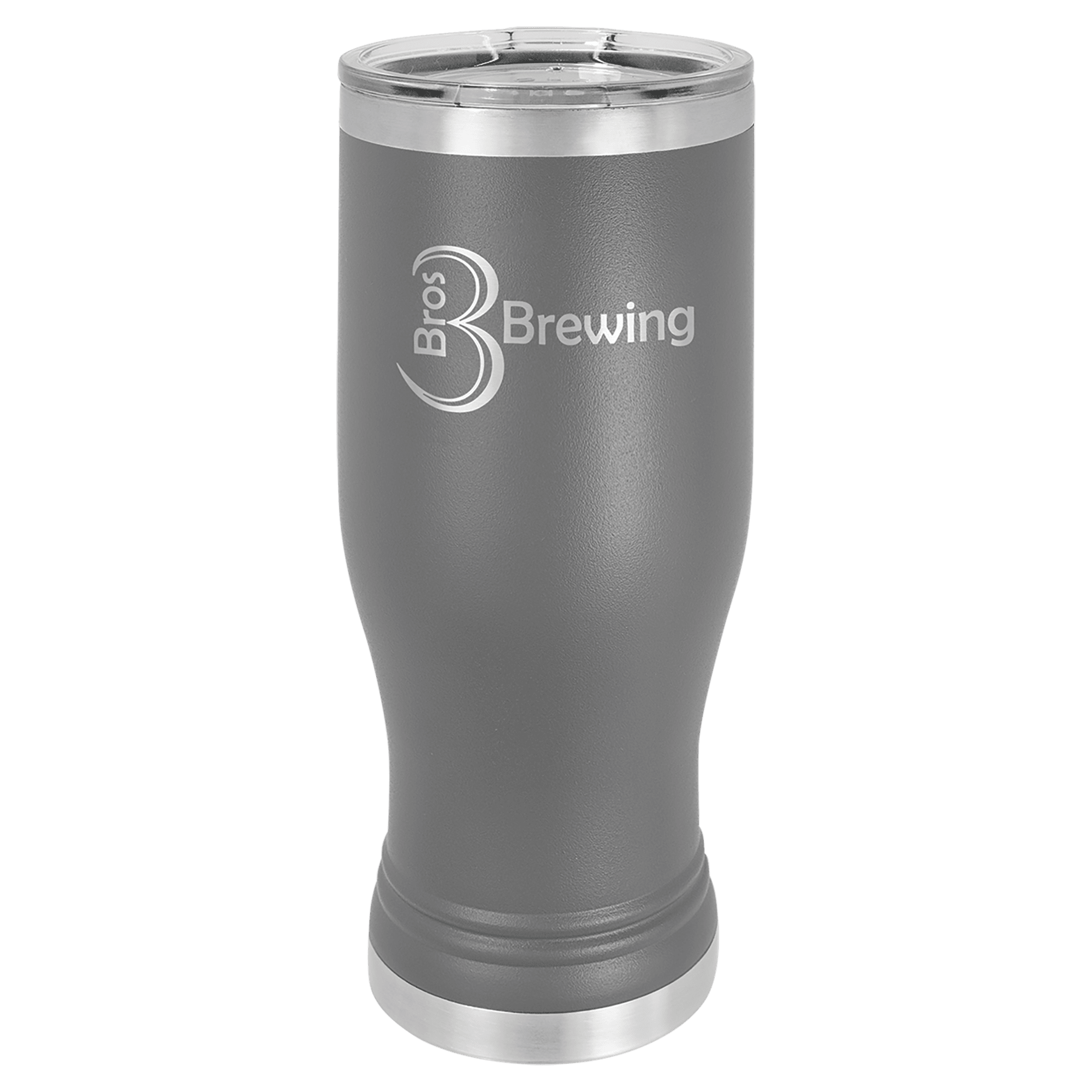 Gray 20 oz stainless steel pilsner tumbler with clear lid and "Bros Brewing" logo.