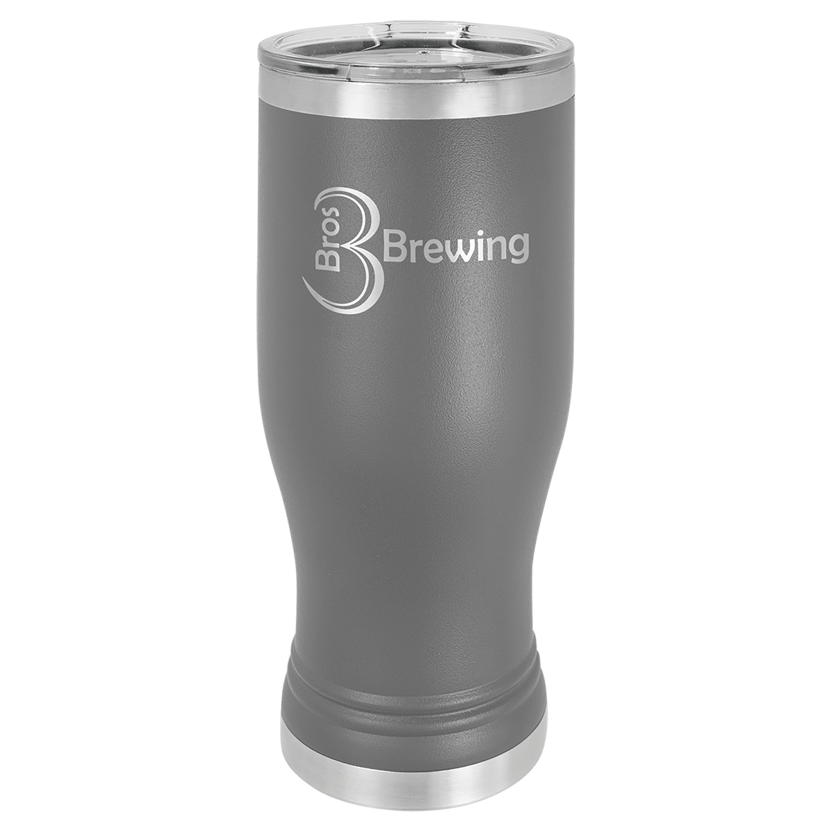 Gray 20 oz stainless steel pilsner tumbler with clear lid and "Bros Brewing" logo.