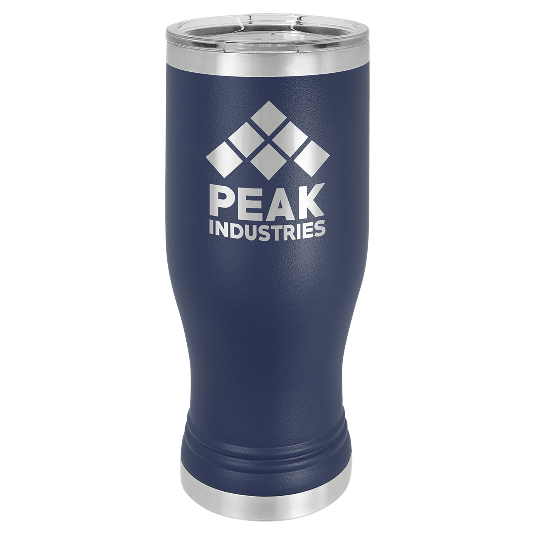 Navy 20 oz stainless steel pilsner tumbler with clear lid and "PEAK INDUSTRIES" logo.