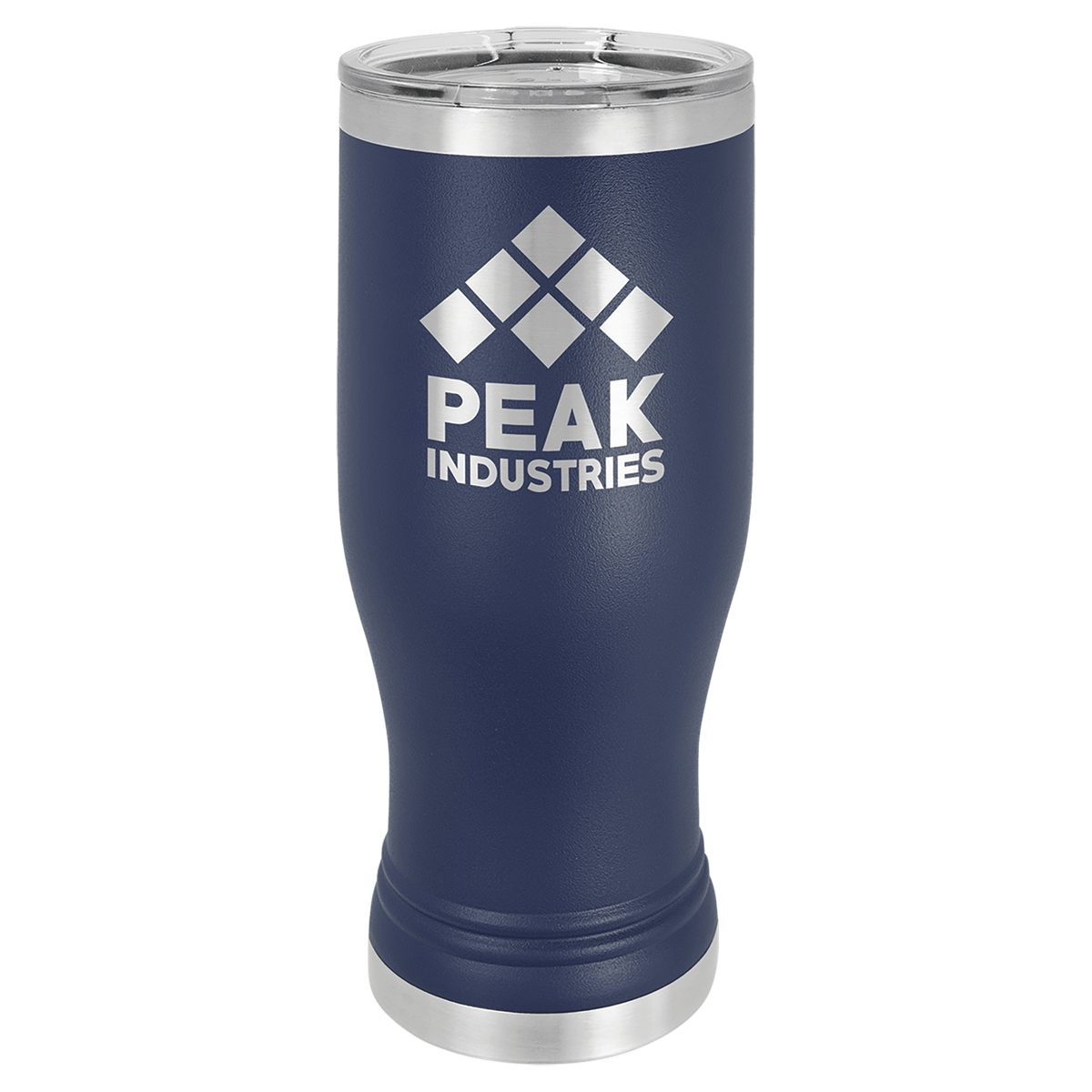 Navy 20 oz stainless steel pilsner tumbler with clear lid and "PEAK INDUSTRIES" logo.