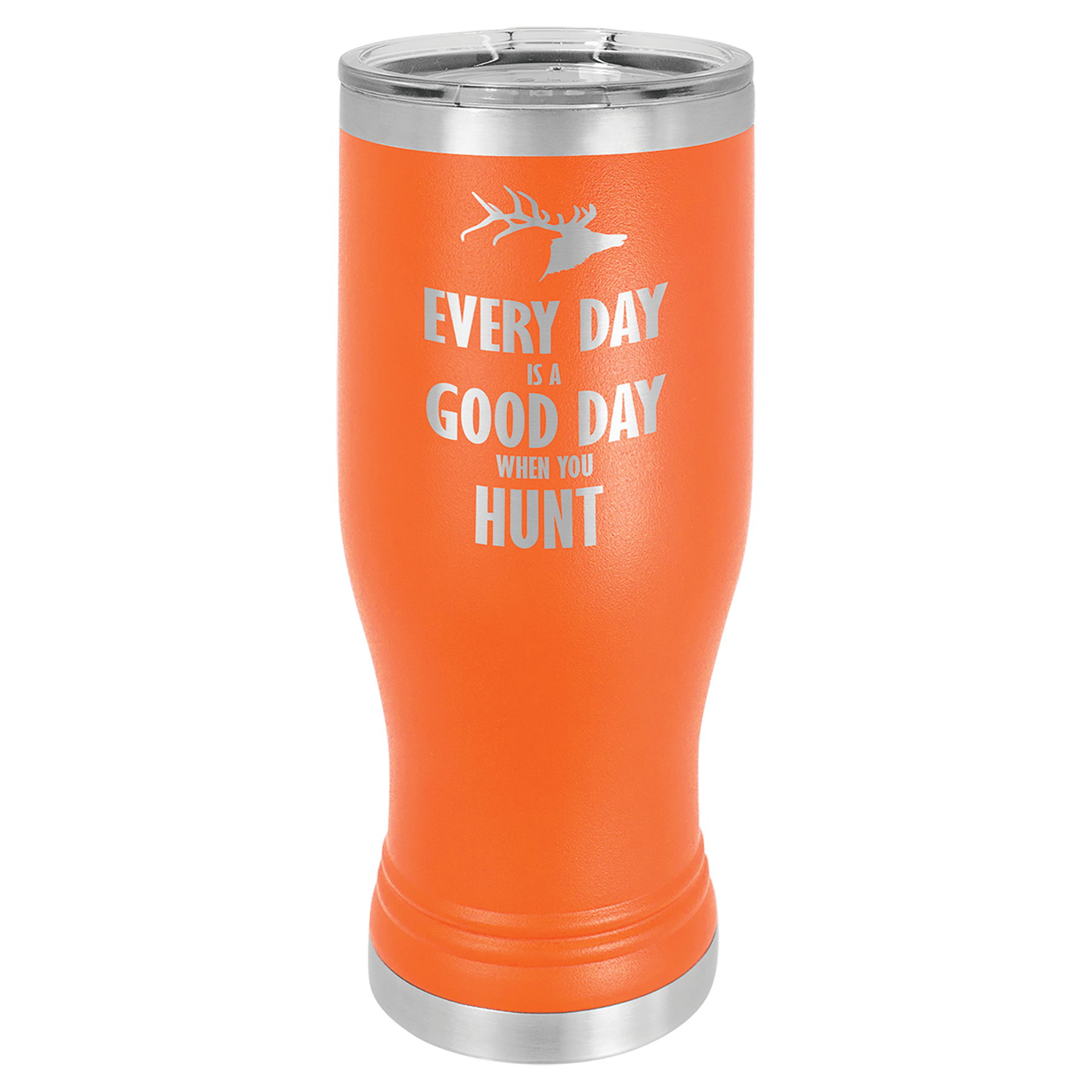 Orange 20 oz stainless steel pilsner tumbler with clear lid and deer hunting design.