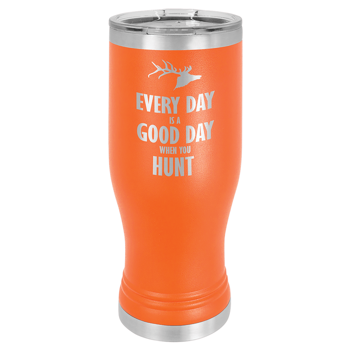 Orange 20 oz stainless steel pilsner tumbler with clear lid and deer hunting design.