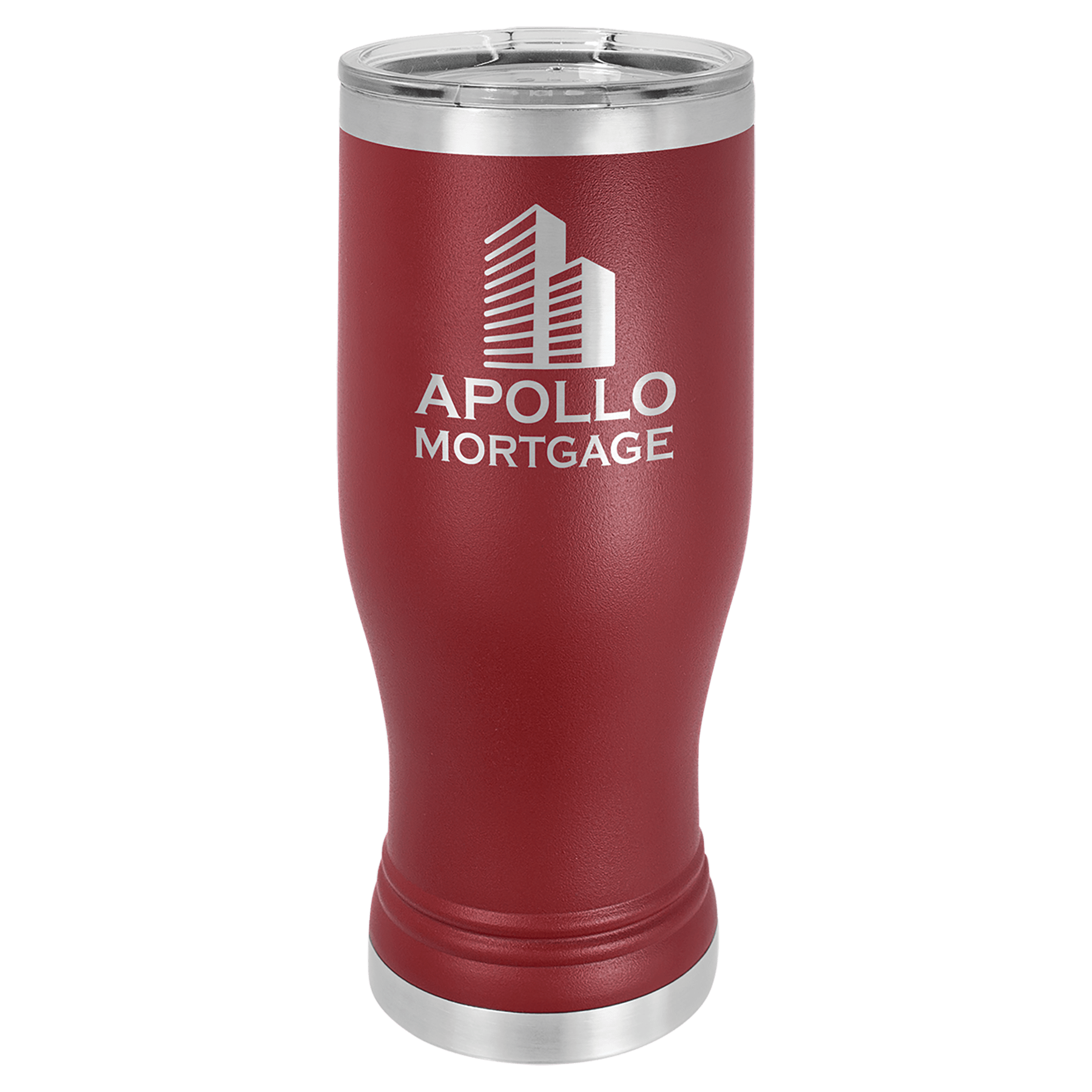 Red 20 oz stainless steel pilsner with clear lid and "Apollo Mortgage" logo.