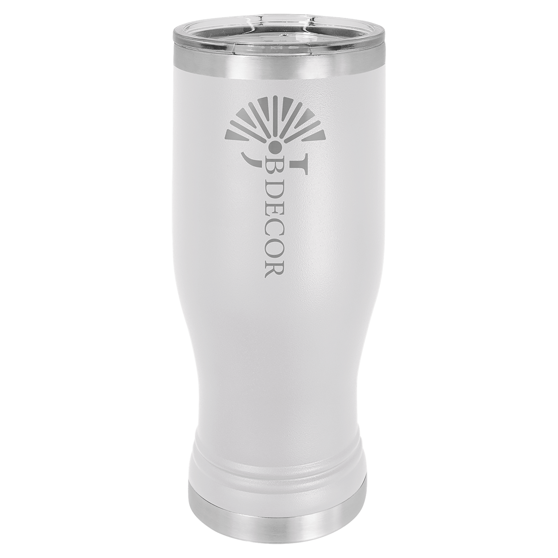 White 20 oz stainless steel pilsner tumbler with clear lid and "JOBDECOR" logo.