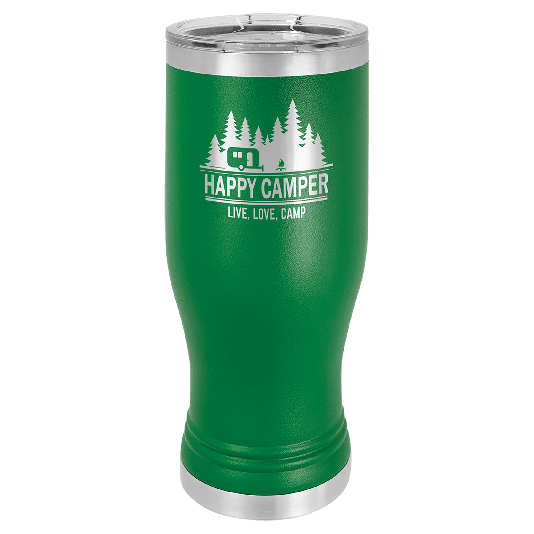Green 20 oz stainless steel pilsner with "Happy Camper" design and clear lid.