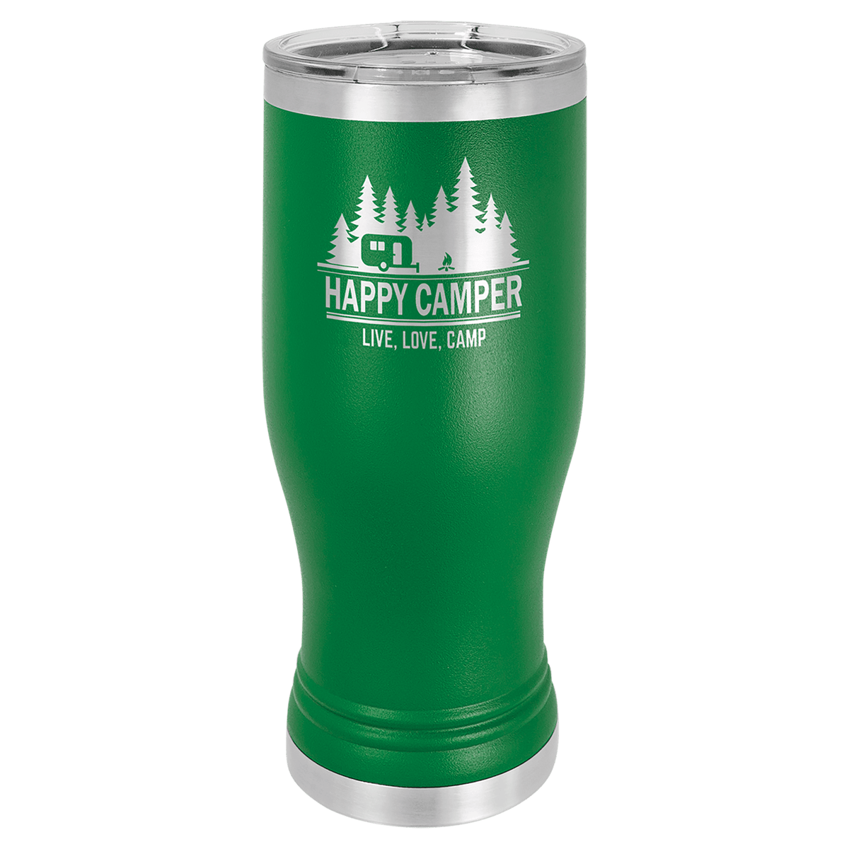 Green 20 oz stainless steel pilsner with "Happy Camper" design and clear lid.