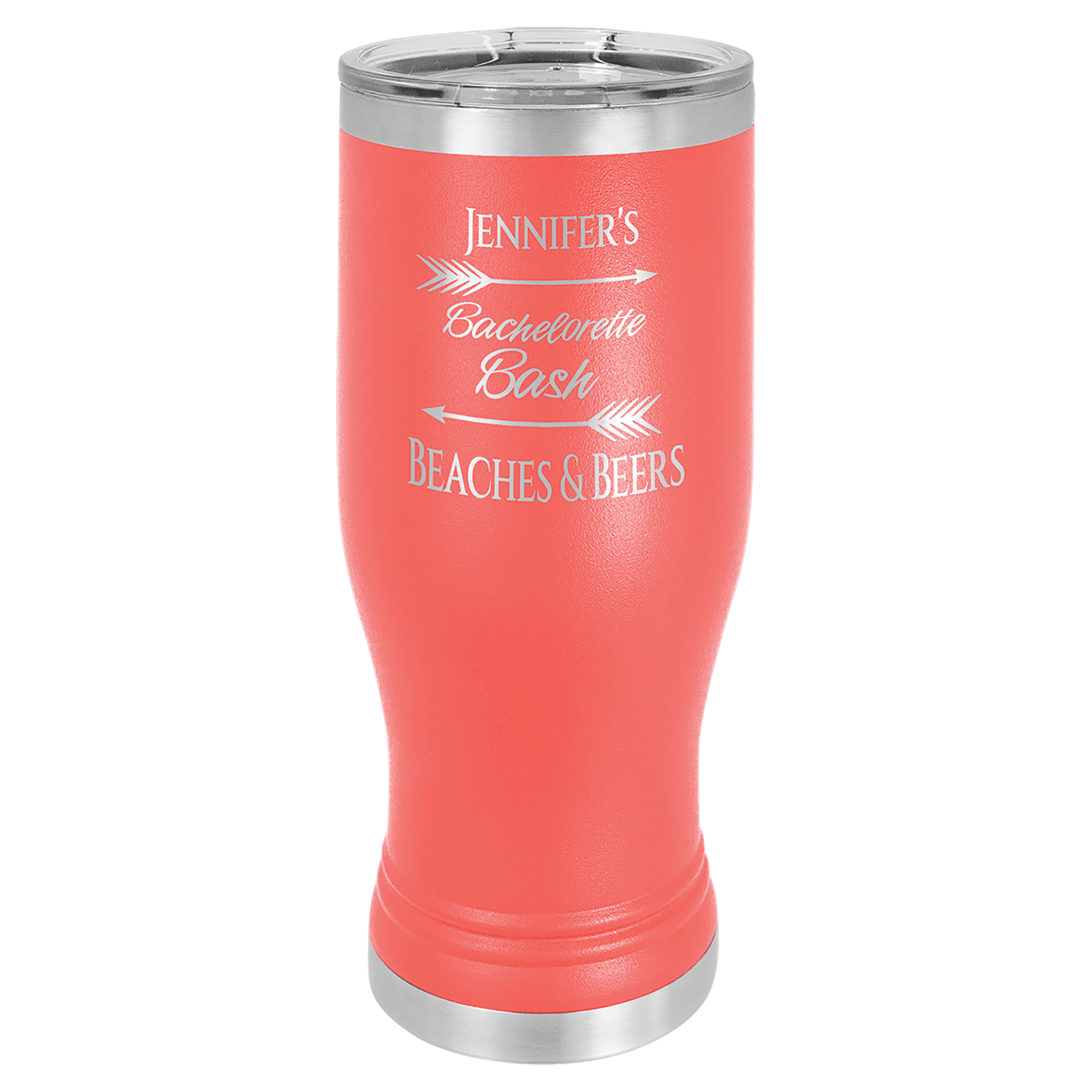 Coral 20 oz stainless steel pilsner with clear lid, engraved "Jennifer's Bachelorette Bash Beaches & Beers.