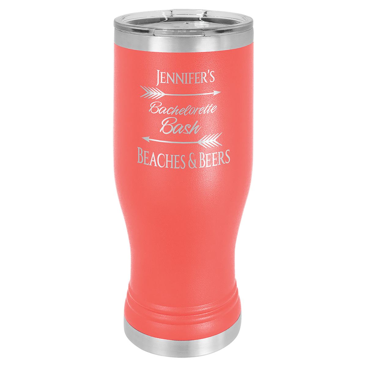 Coral 20 oz stainless steel pilsner with clear lid, engraved "Jennifer's Bachelorette Bash Beaches & Beers.