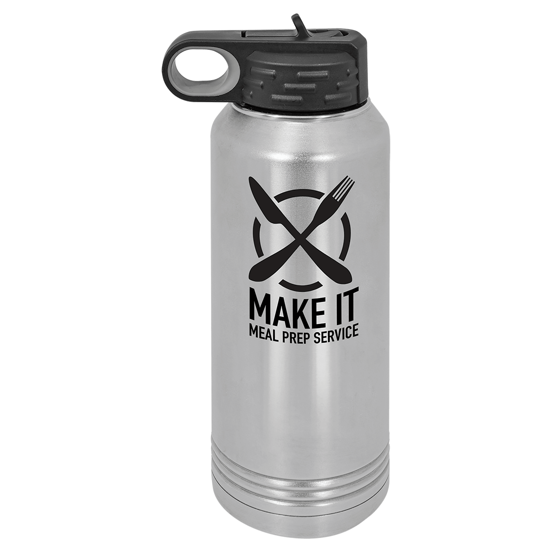 Silver 32 oz. stainless steel water bottle with black "Make It Meal Prep Service" logo.