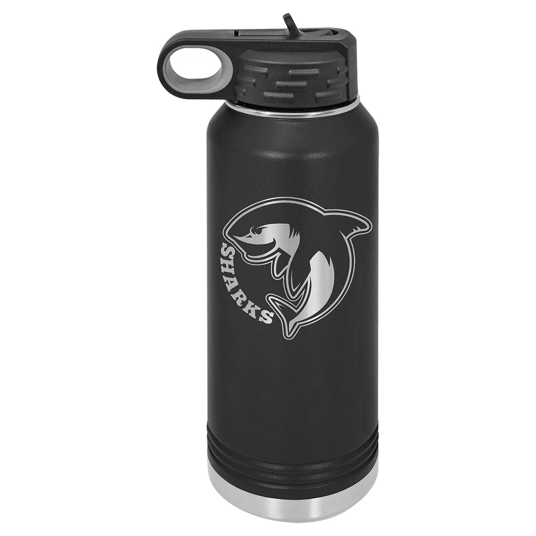 Black 20 oz. stainless steel water bottle with a shark logo and straw lid.