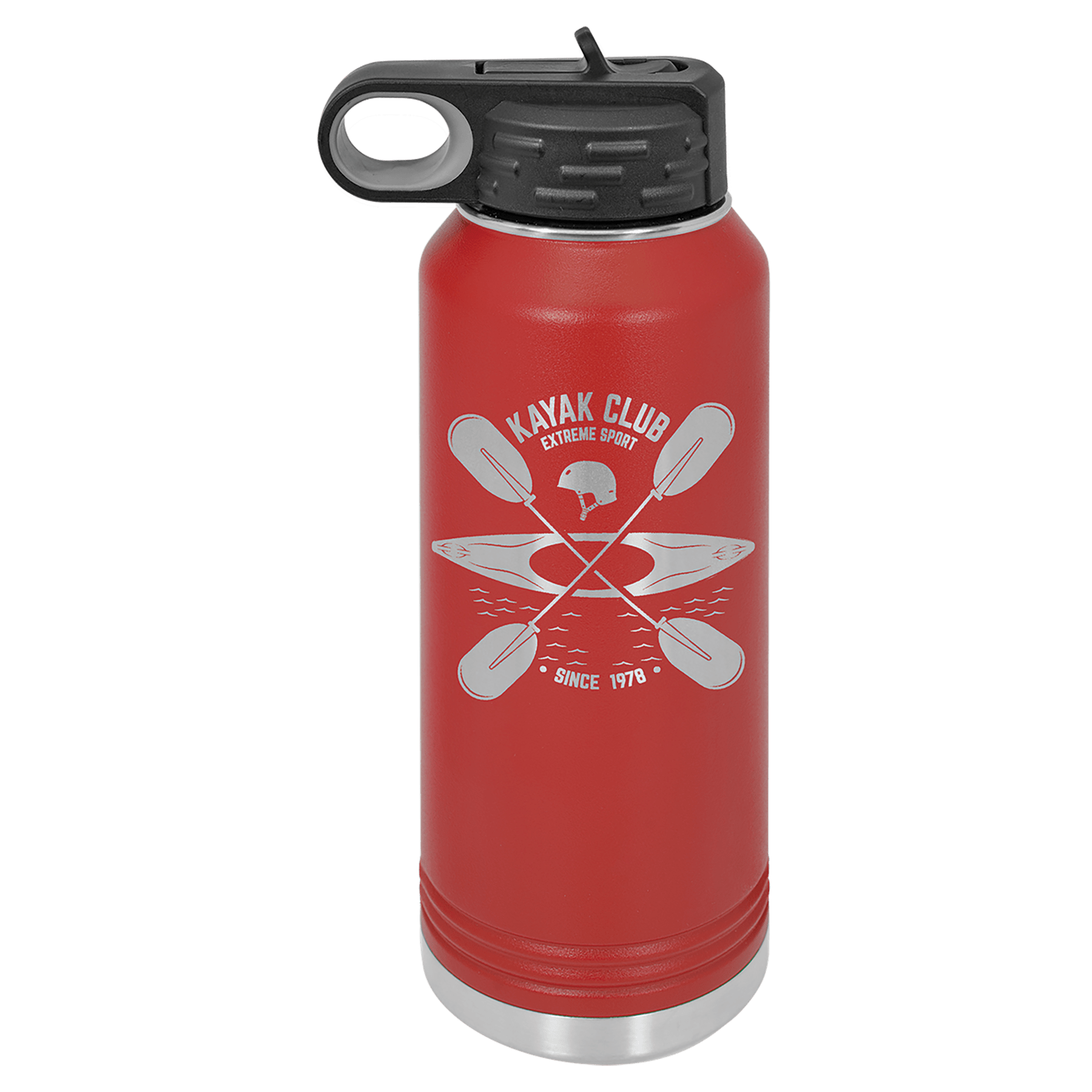 Red 32 oz. stainless steel water bottle with "Kayak Club Extreme Sport" logo and black flip-top lid.