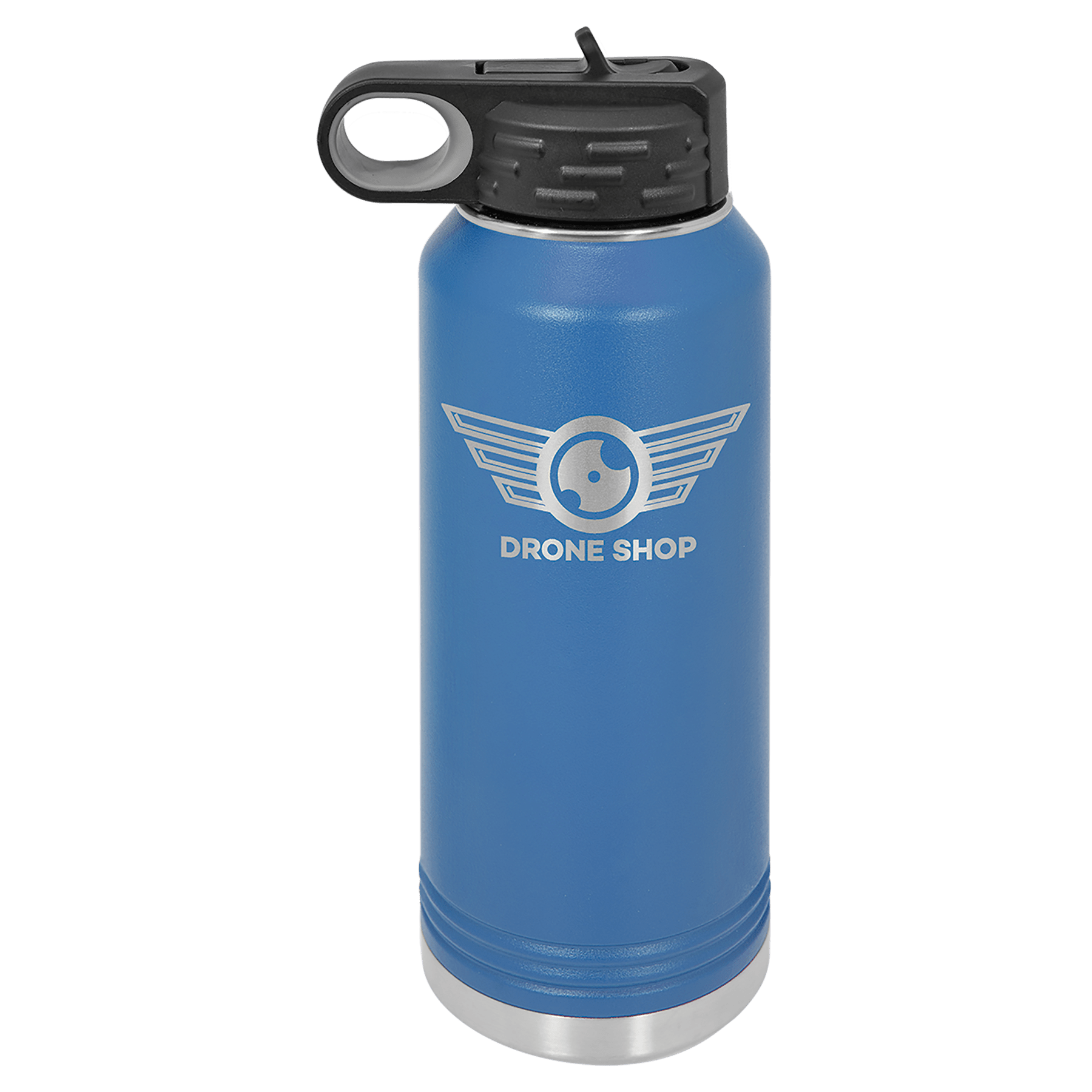 Blue 20 oz. stainless steel water bottle with black lid, straw, and "DRONE SHOP" logo.