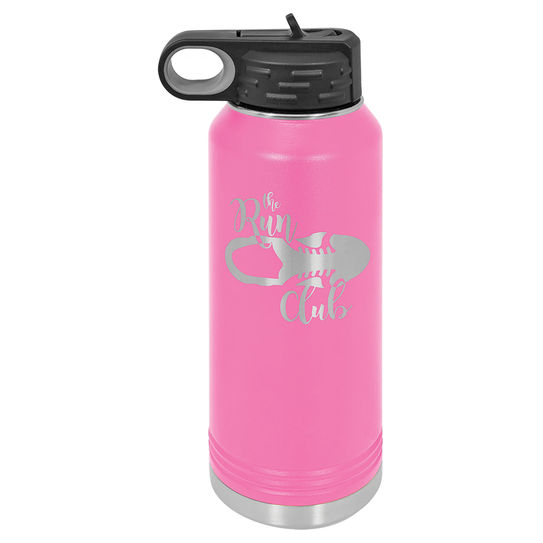 Pink 20 oz. stainless steel water bottle with black straw lid and "The Run Club" design.