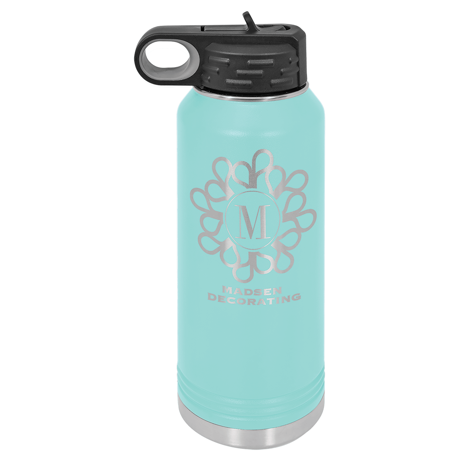 Aqua 20 oz. stainless steel water bottle with black straw lid and silver personalized "M" logo.