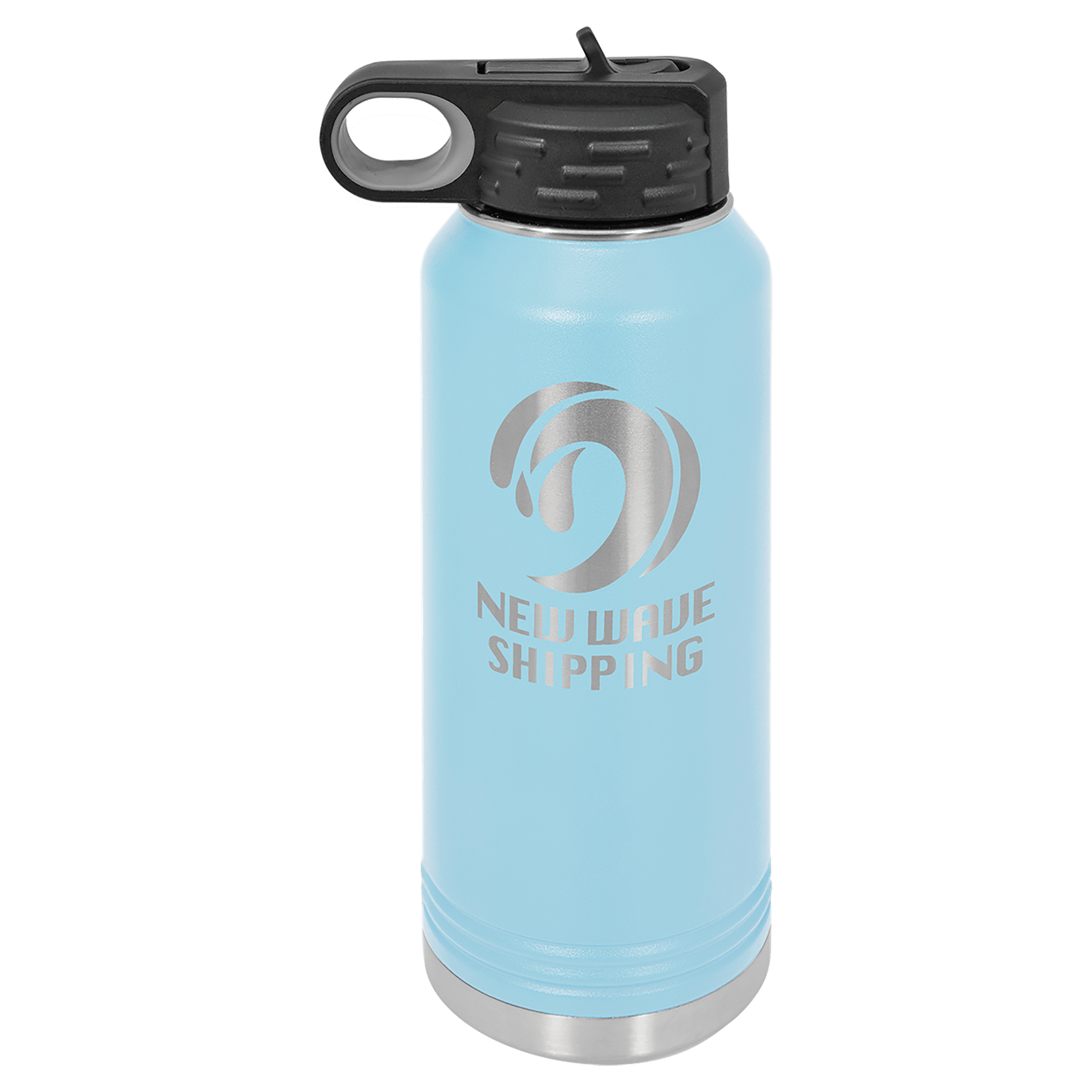 Light blue 32 oz. stainless steel water bottle with a black flip-top lid and "New Wave Shopping" logo.