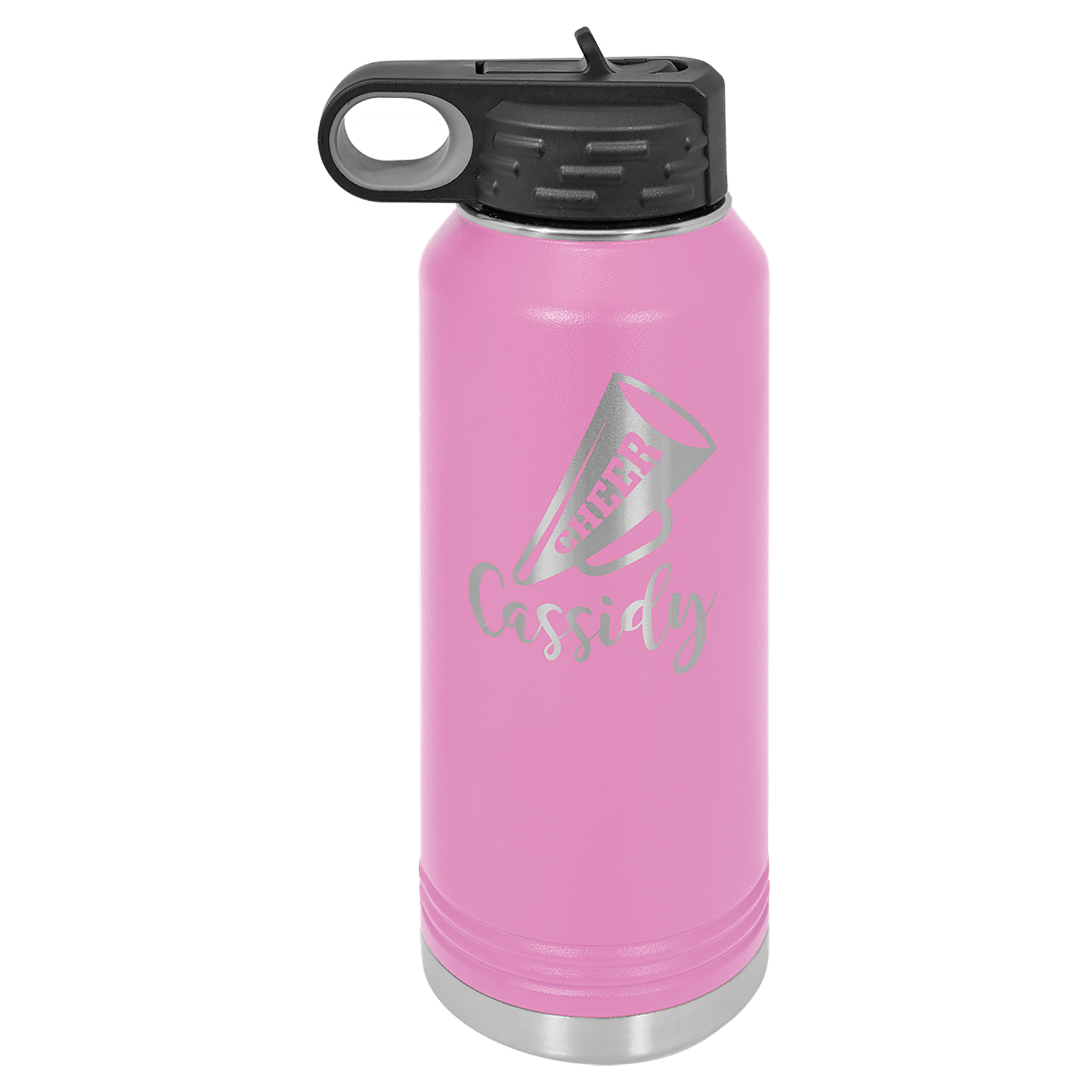 Pink 32 oz. stainless steel water bottle with black flip-top lid, handle, and custom "CHEER Cassidy" design.