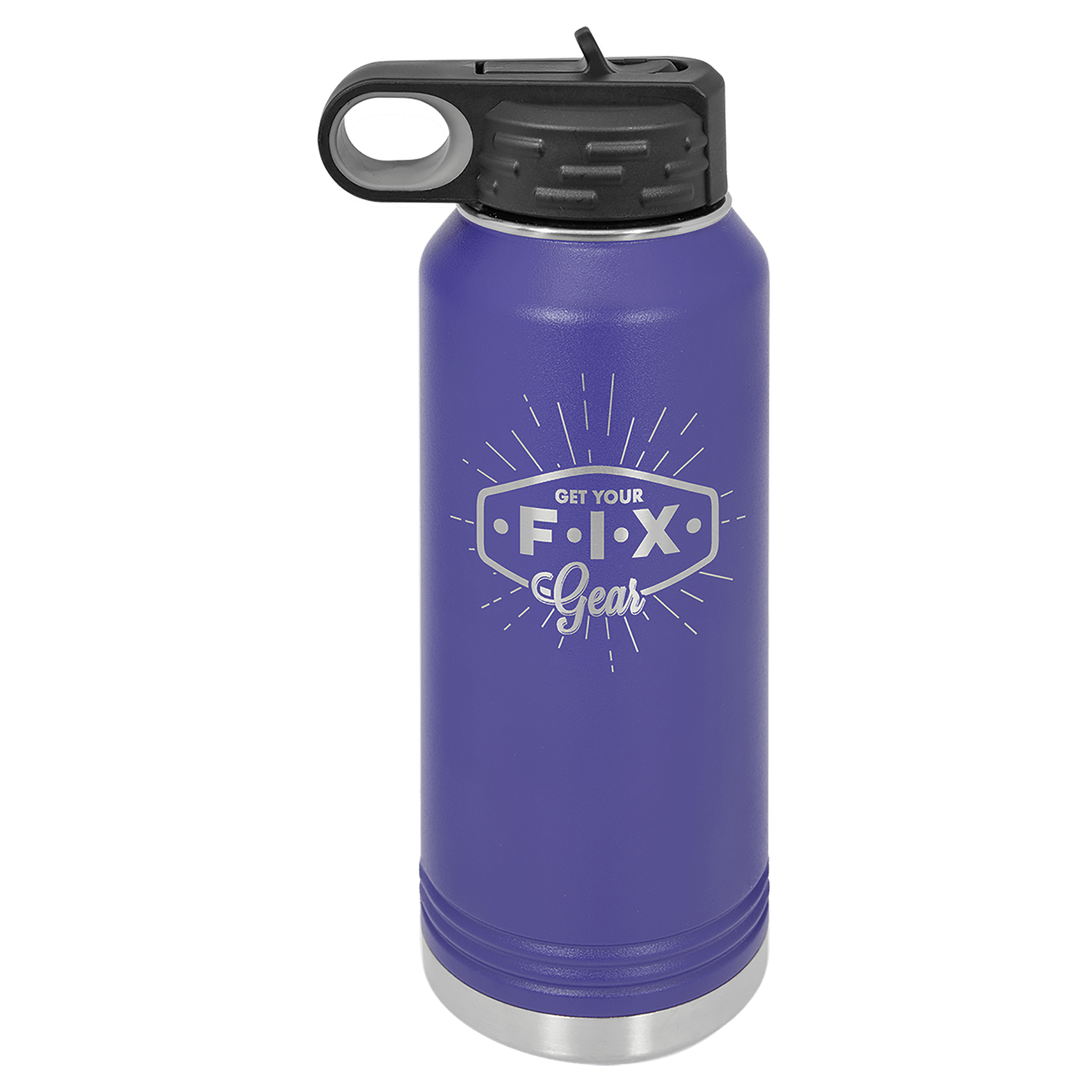 Purple 20 oz. stainless steel water bottle with "GET YOUR F•I•X Gear" logo and black straw lid.