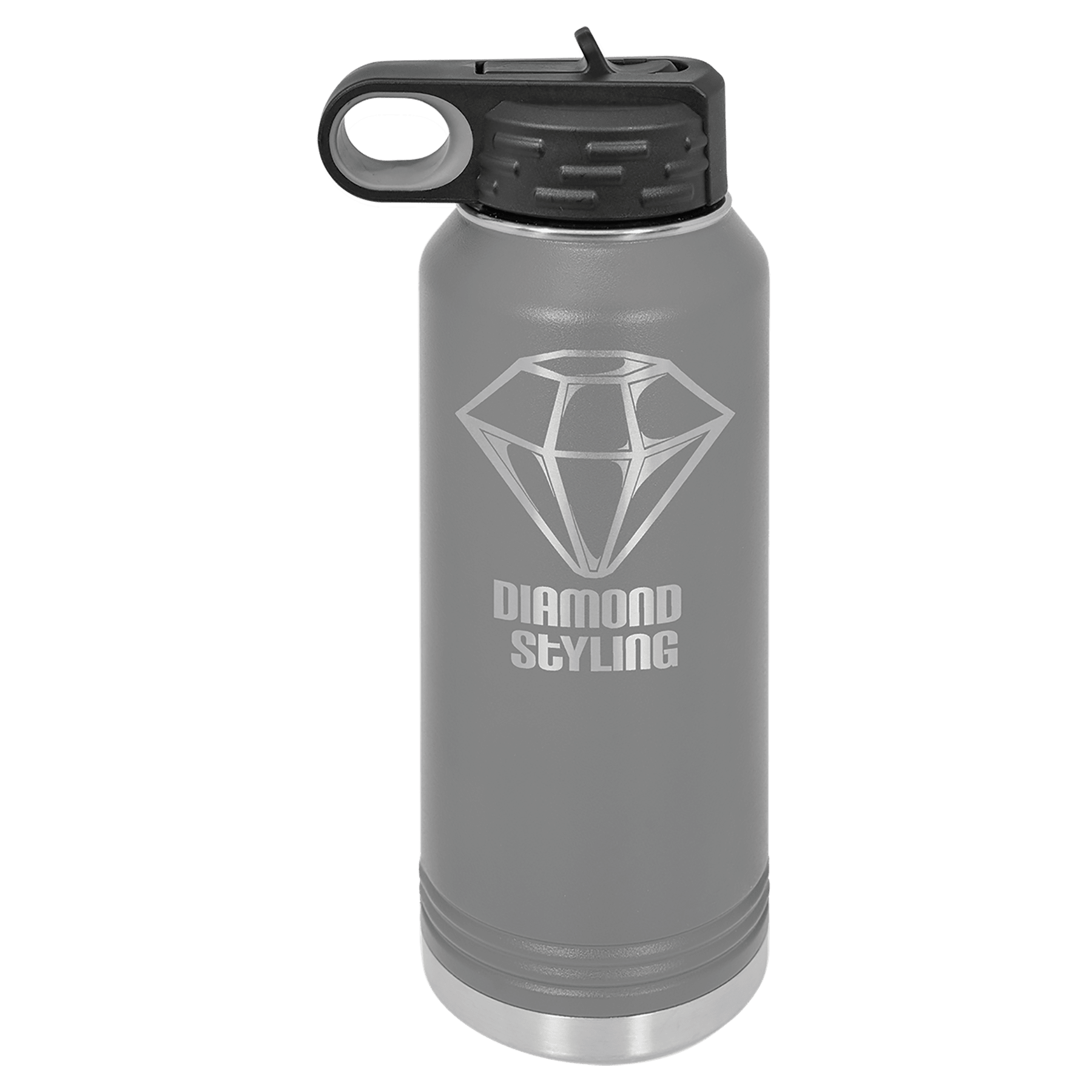 Gray 32 oz. stainless steel water bottle with a diamond logo and flip-top lid.