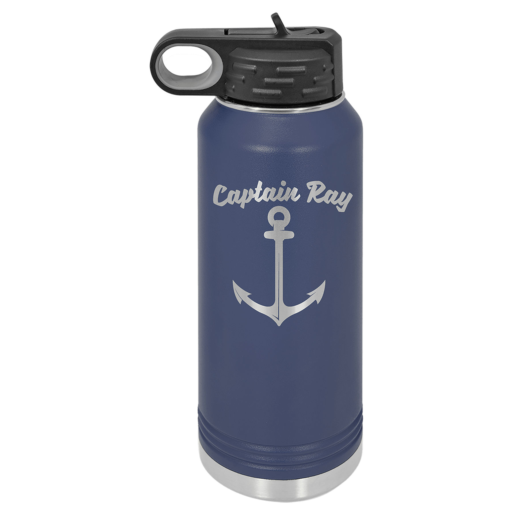 Navy 20 oz. stainless steel water bottle with "Captain Ray" and anchor design, black straw lid.