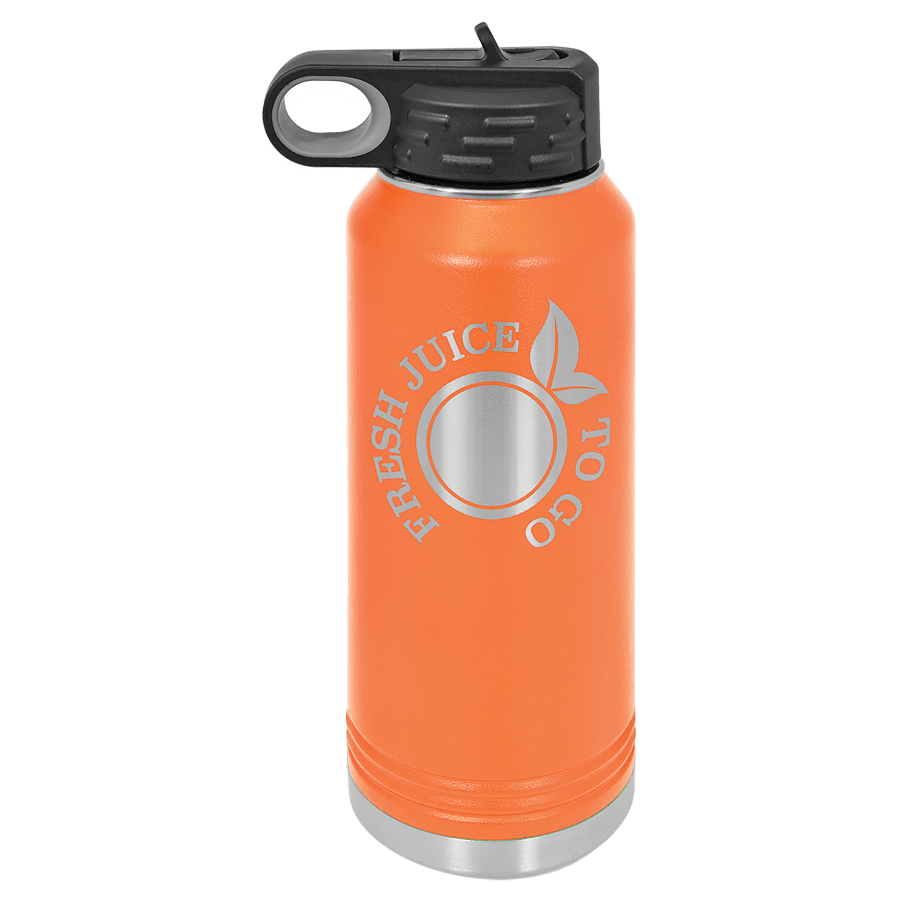 Orange 32 oz. stainless steel water bottle with "Fresh Juice To Go" logo and black flip-top lid.