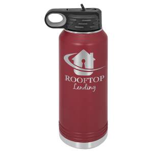 20 oz. maroon stainless steel water bottle with black straw lid and "Rooftop Lending" logo.