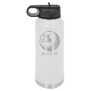 White 20 oz. stainless steel water bottle with black straw lid and "The Club Golf Shop" logo.