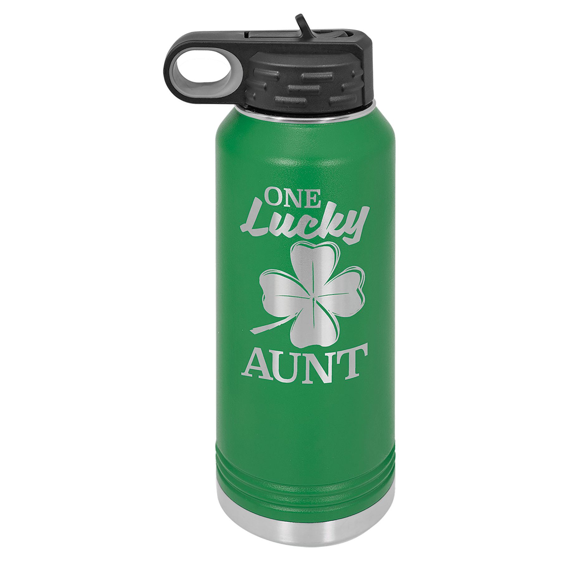 Green 32 oz. stainless steel water bottle with "One Lucky Aunt" and a four-leaf clover design.