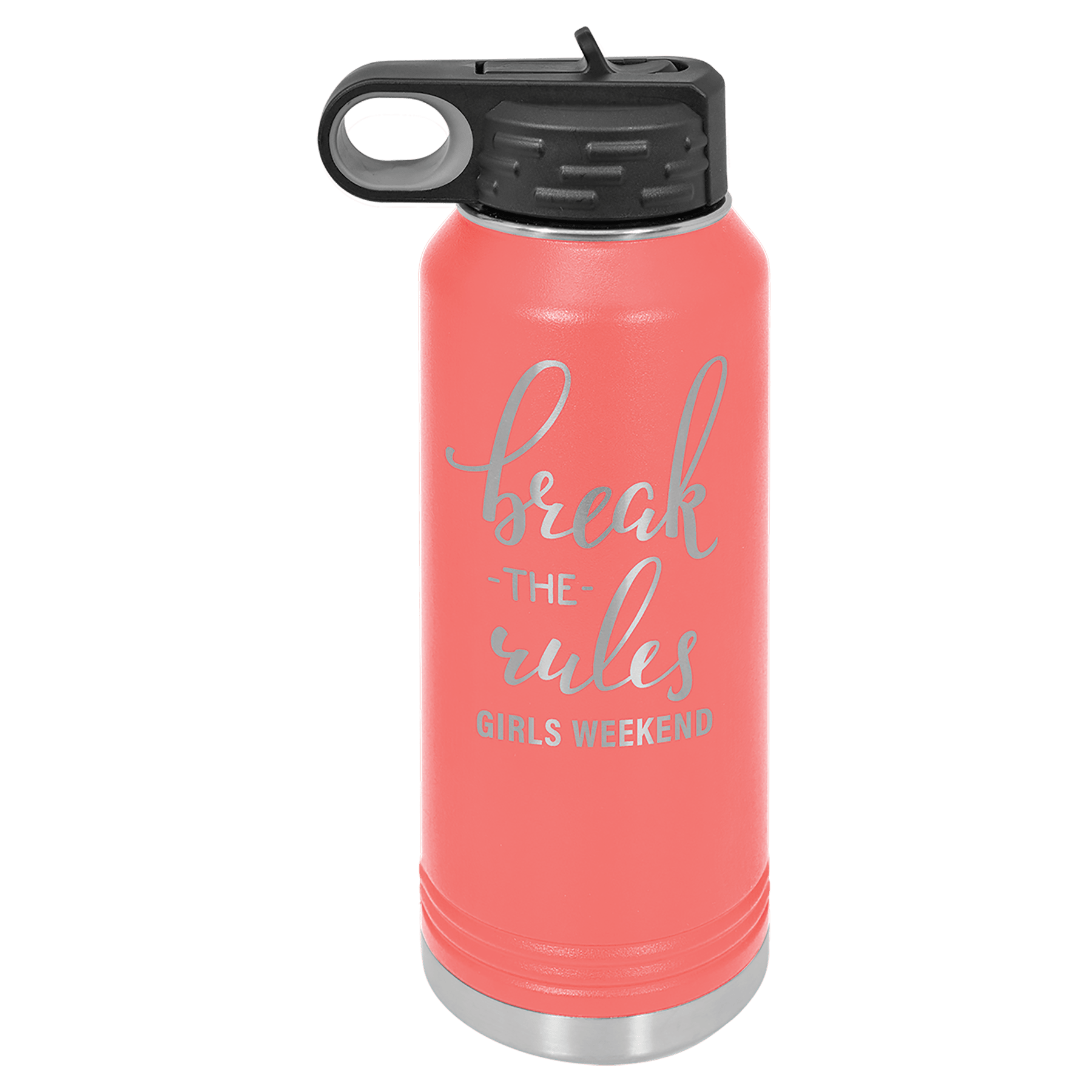 Coral 20 oz. stainless steel water bottle with "Break the Rules Girls Weekend" engraving and black straw lid.