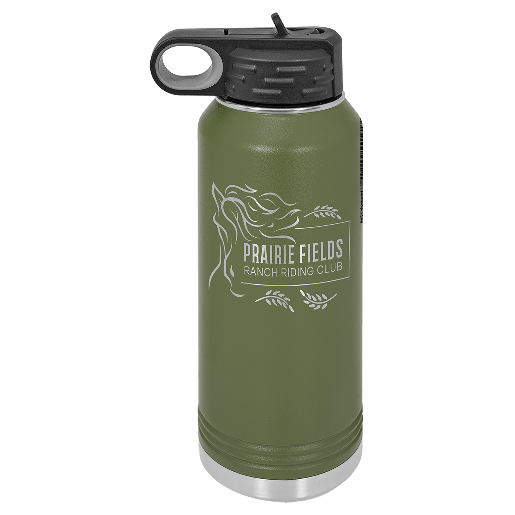 Olive green 32 oz. stainless steel water bottle with "Prairie Fields Ranch Riding Club" logo and black flip-top lid.