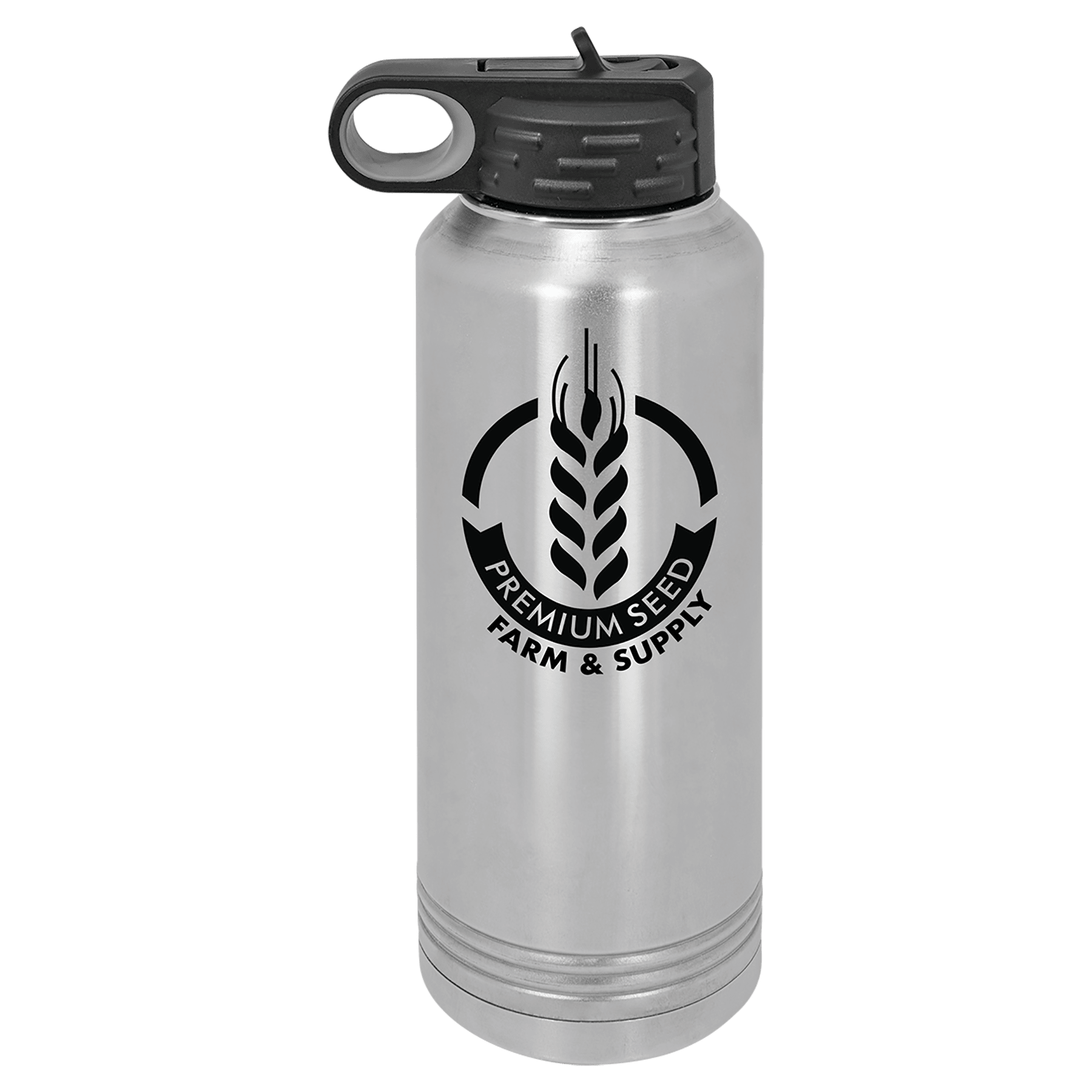 40 oz. silver stainless steel water bottle with black flip-top lid and "Premium Seed Farm & Supply" logo.
