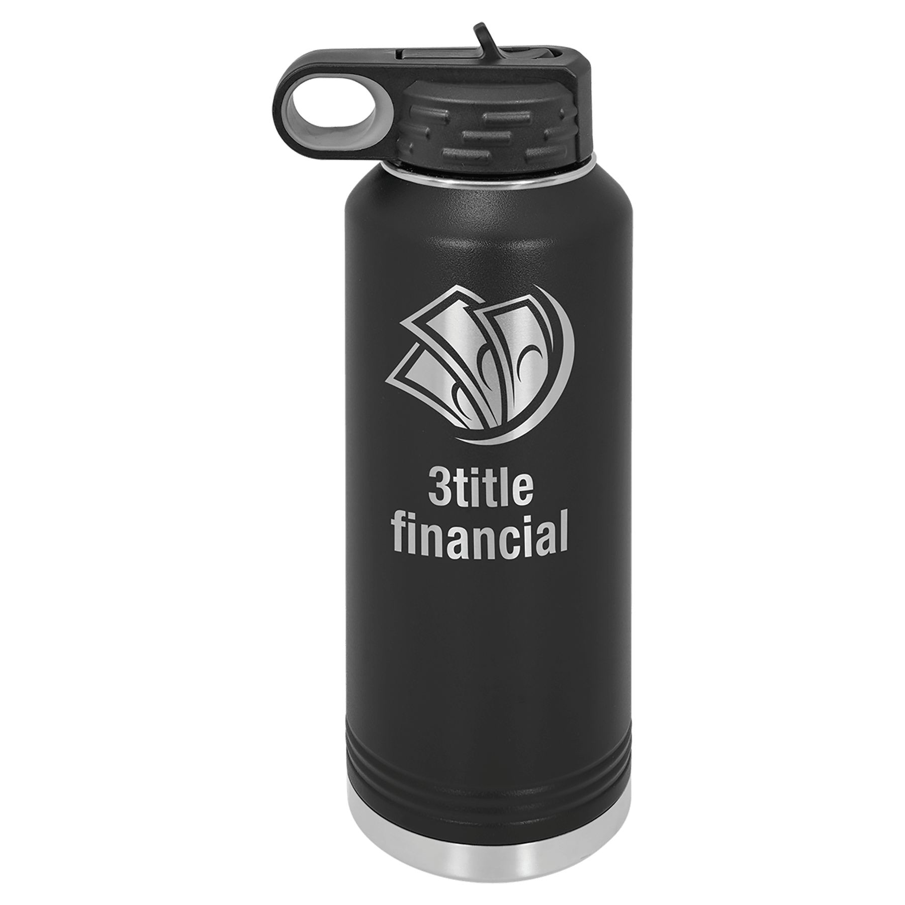 Black 40 oz. stainless steel water bottle with flip-top lid, straw, and "3title financial" logo.