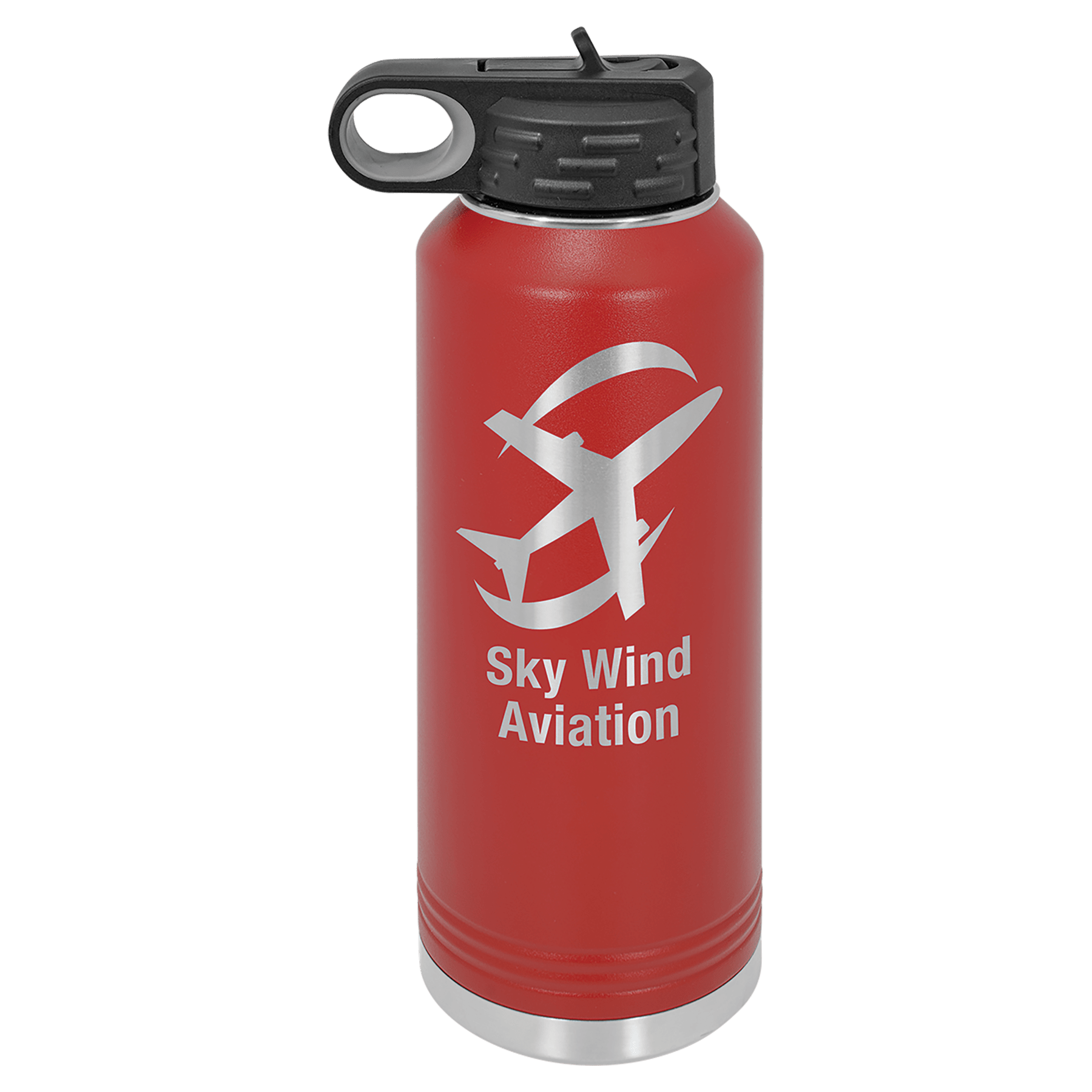 Red 40 oz. stainless steel water bottle with black flip-top lid, straw, and "Sky Wind Aviation" airplane logo.