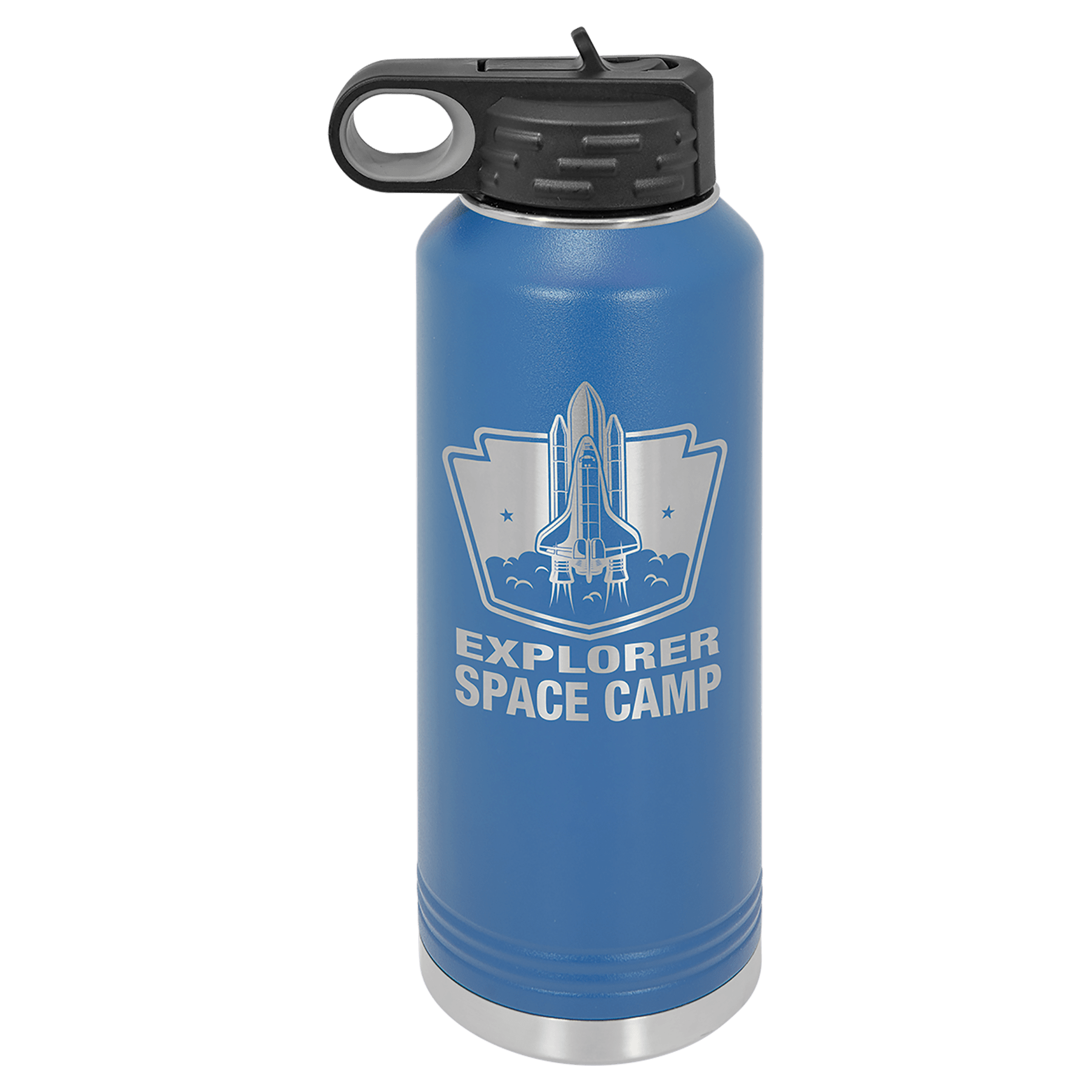 Blue 40 oz. stainless steel water bottle with black flip-top lid and "Explorer Space Camp" rocket design.