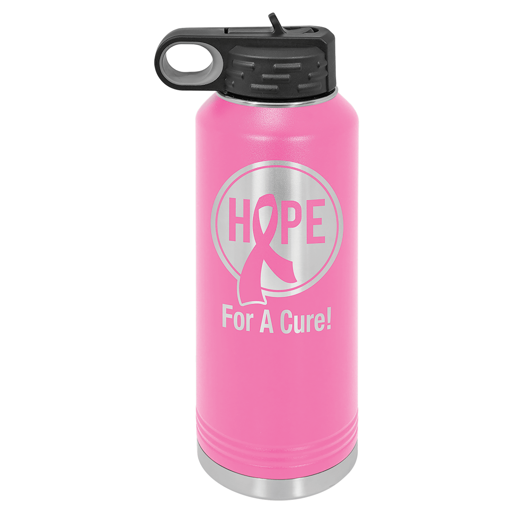 Pink 40 oz. stainless steel water bottle with "HOPE For A Cure!" and a breast cancer ribbon design.