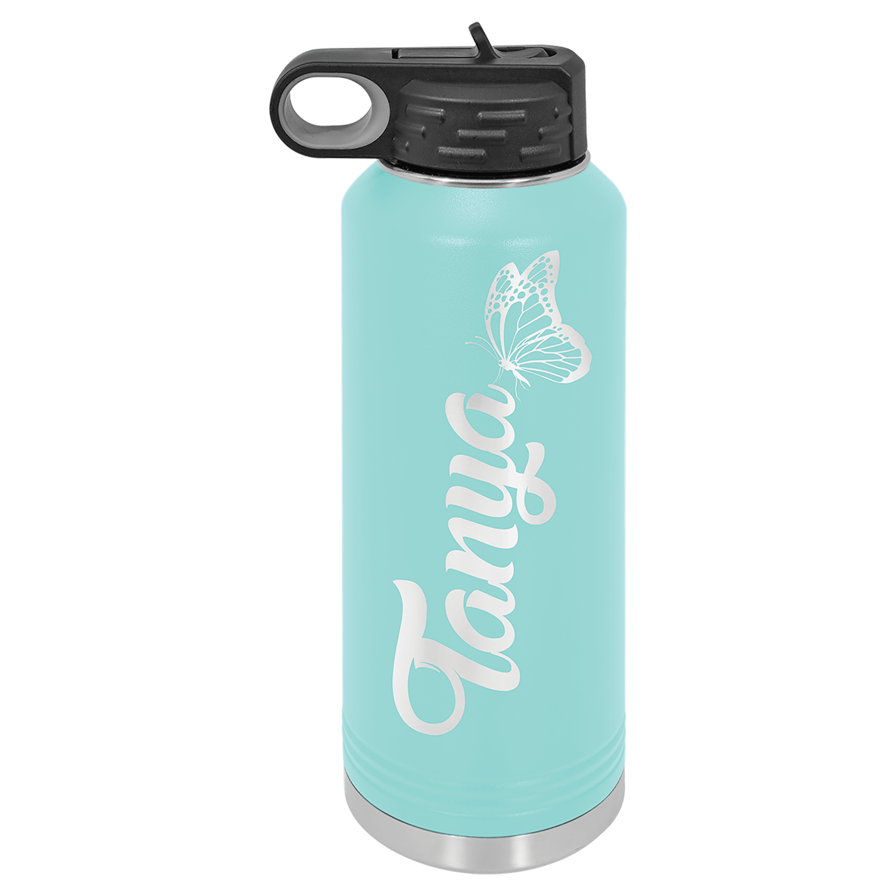 Personalized 40 oz. aqua stainless steel water bottle with a butterfly and "Tanya" engraved.